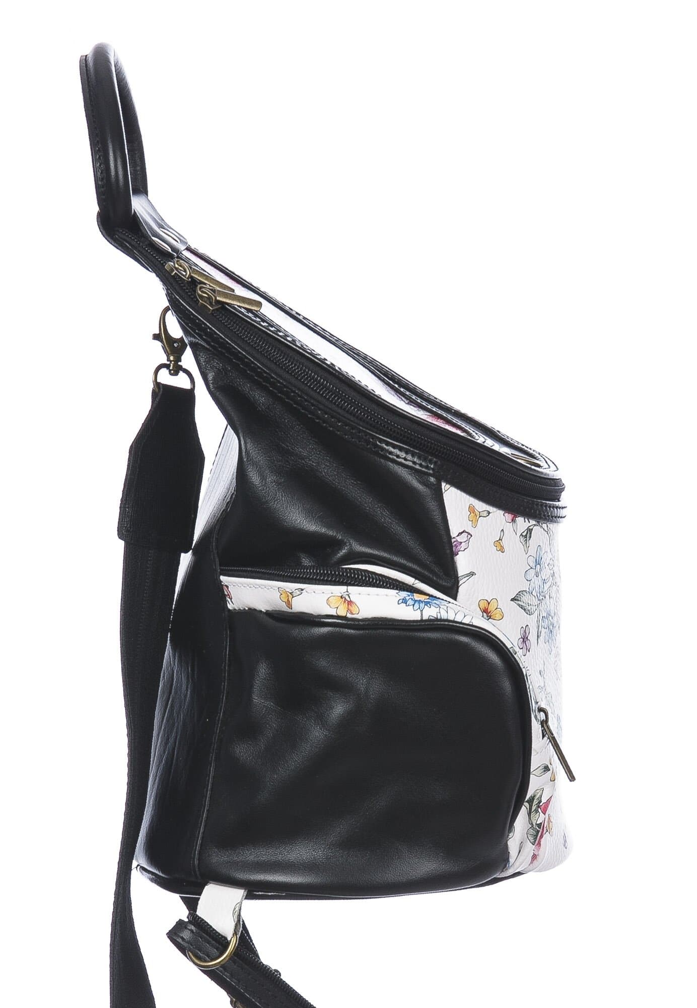 Borsa zaino donna in vera pelle MONTE HALLA MAXI colore BIANCO/NERO/FANTASIA FLOREALE, CHIAROSCURO, MADE IN ITALY 