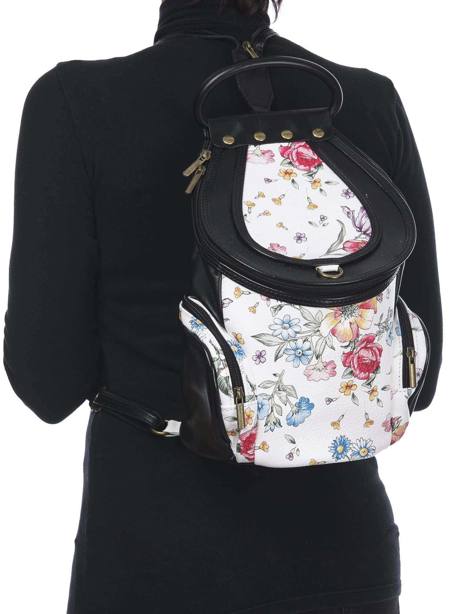Borsa zaino donna in vera pelle MONTE HALLA MAXI colore BIANCO/NERO/FANTASIA FLOREALE, CHIAROSCURO, MADE IN ITALY 