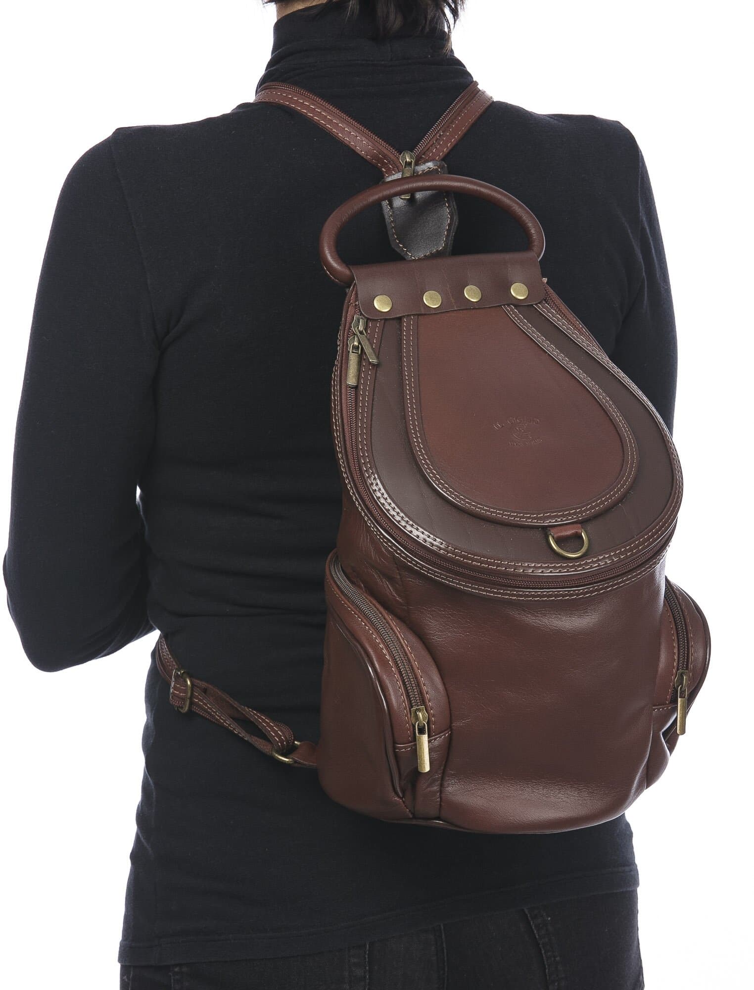 Borsa zaino donna in vera pelle MONTE HALLA MAXI colore MARRONE, CHIAROSCURO, MADE IN ITALY