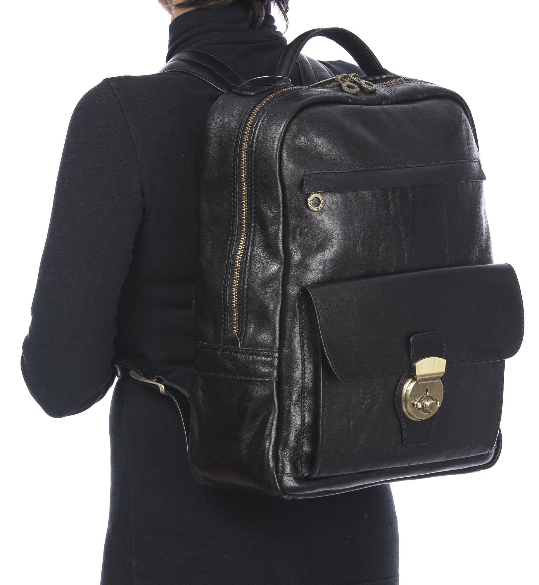 Borsa zaino donna in vera pelle MONTE VETTORE, colore NERO, CHIAROSCURO, MADE IN ITALY