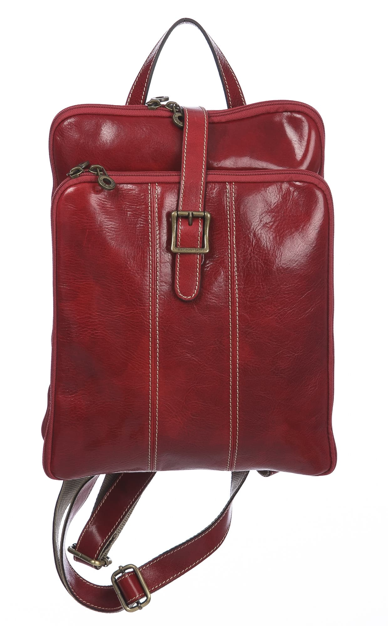 Borsa zaino donna in vera pelle MONTE COLOMBINE, colore ROSSO, CHIAROSCURO, MADE IN ITALY