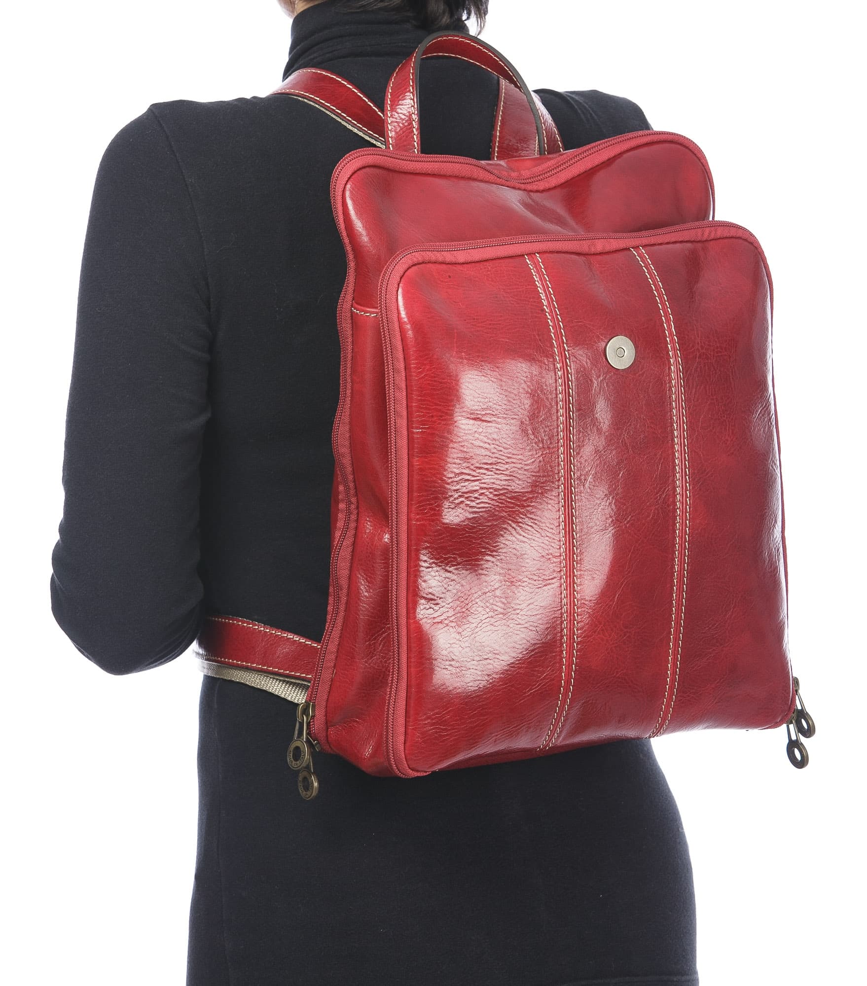 Borsa zaino donna in vera pelle MONTE COLOMBINE, colore ROSSO, CHIAROSCURO, MADE IN ITALY