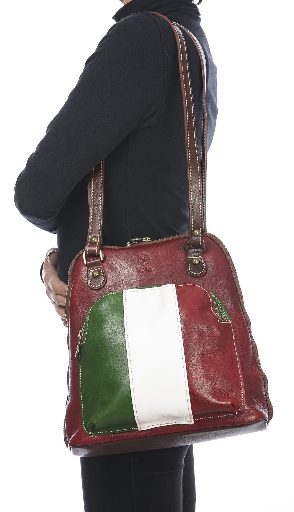 Borsa zaino donna in vera pelle MONTE CRISTALLO, TRICOLORE BANDIERA ITALIANA, colore VERDE/BIANCO/ROSSO, CHIAROSCURO, Made in Italy
