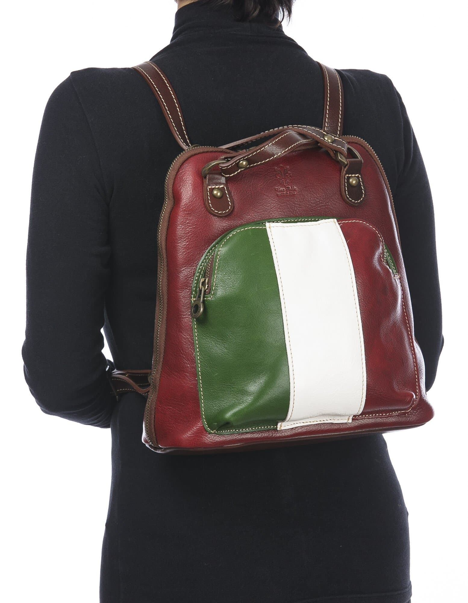Borsa zaino donna in vera pelle MONTE CRISTALLO, TRICOLORE BANDIERA ITALIANA, colore VERDE/BIANCO/ROSSO, CHIAROSCURO, MADE IN ITALY