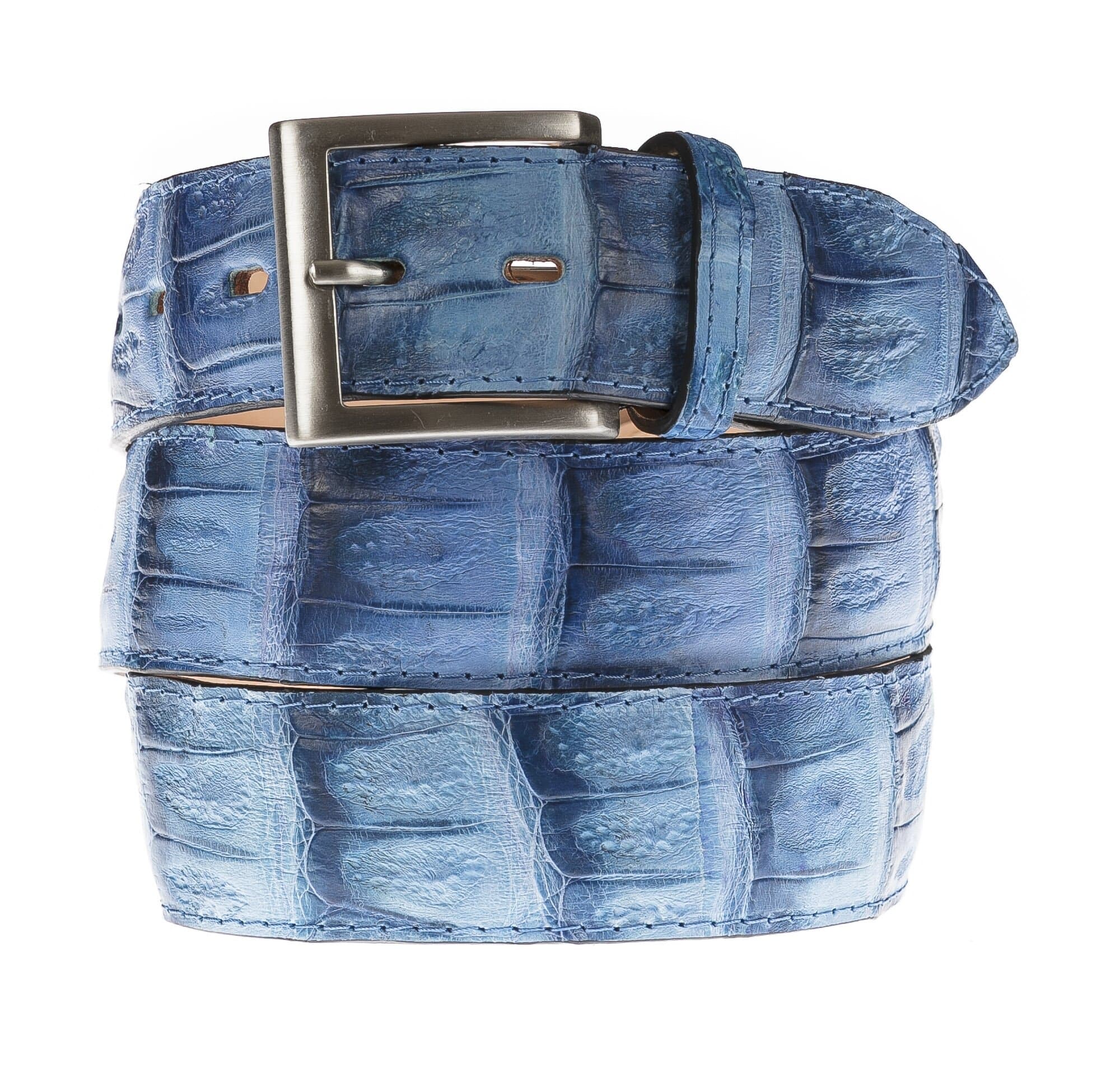 Cintura uomo in vera pelle di coccodrillo FORLI’, colore AZZURRO, SANTINI, MADE IN ITALY
