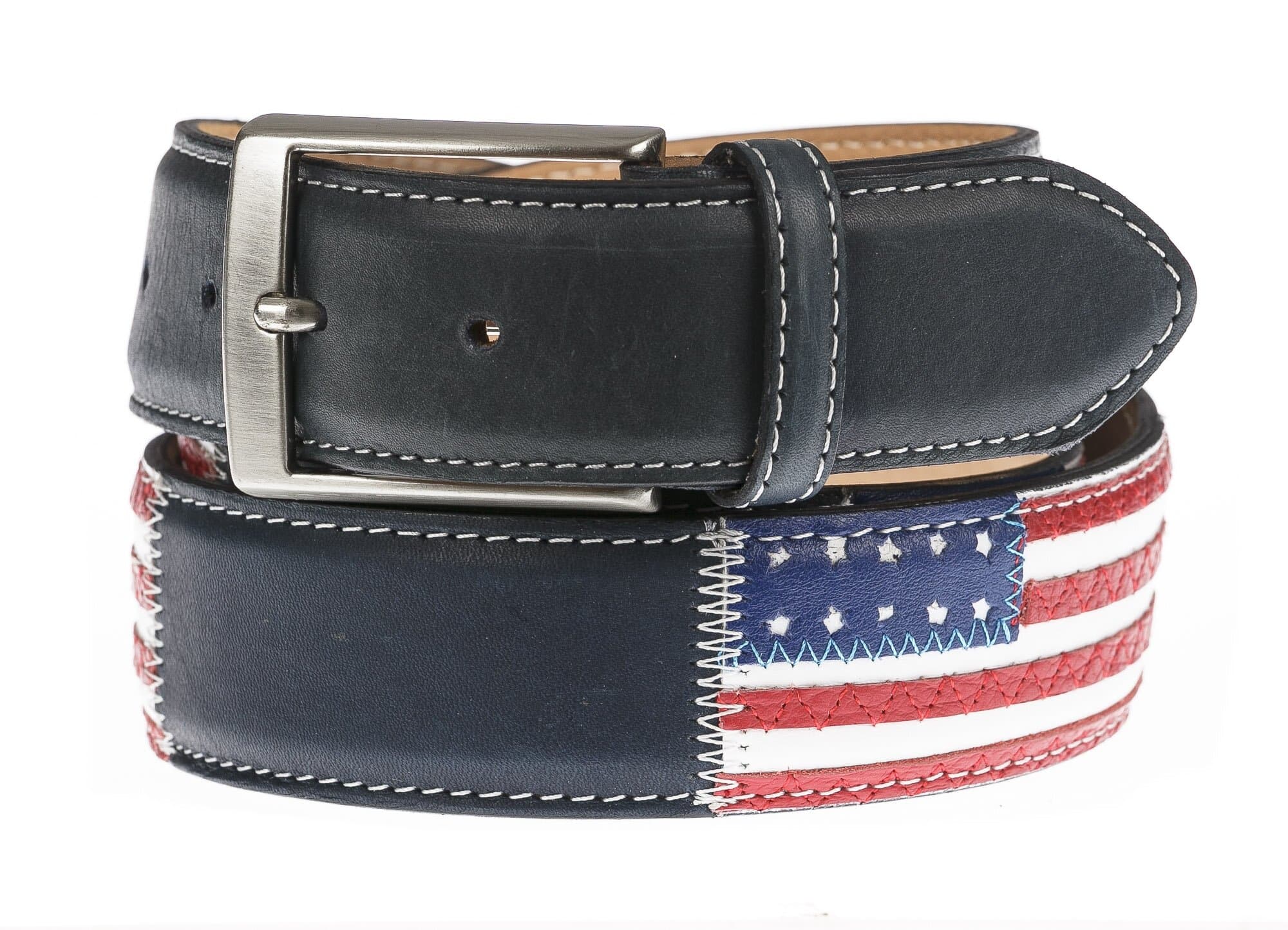 WASHINGTON: cintura uomo in cuoio, bandiere, colore: NERO/ BLU / MULTICOLOR, Made in Italy