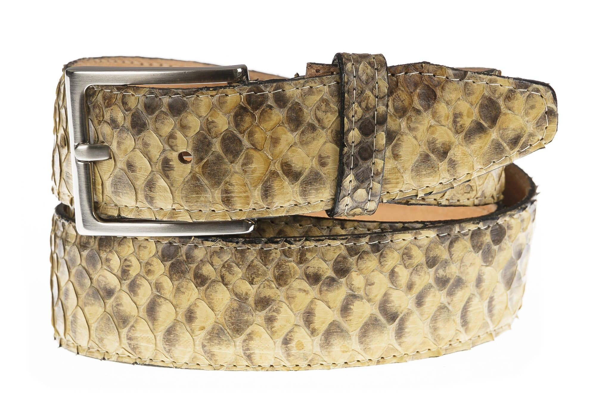 Cintura uomo in vera pelle di pitone certificata CITES GUATEMALA, colore BEIGE/GIALLO/MARRONE, CHIAROSCURO, MADE IN ITALY