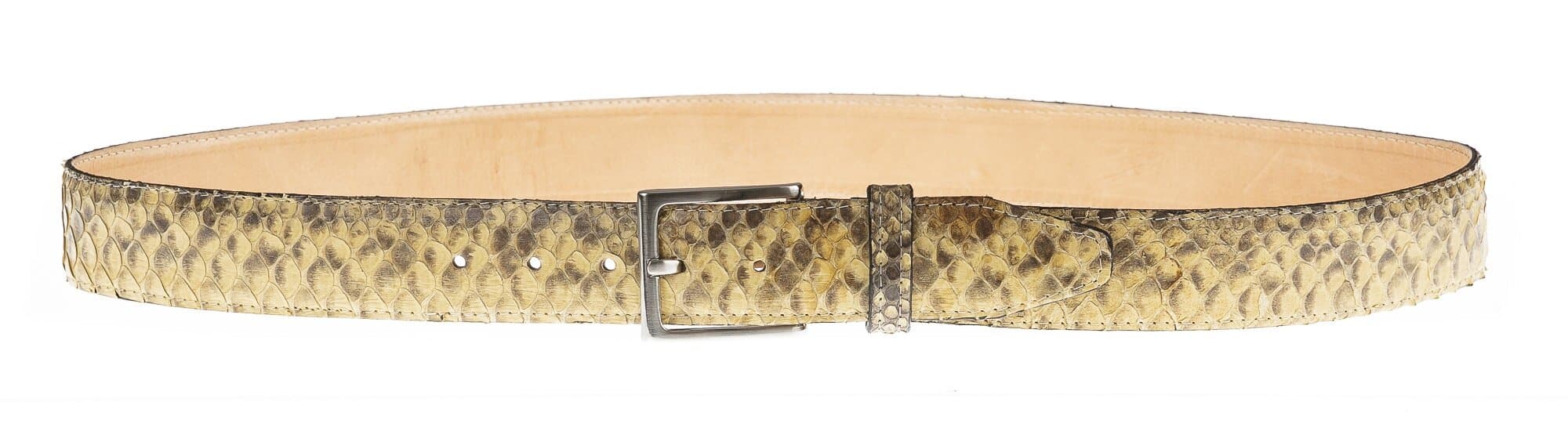 Cintura uomo in vera pelle di pitone certificata CITES GUATEMALA, colore BEIGE/GIALLO/MARRONE, CHIAROSCURO, MADE IN ITALY