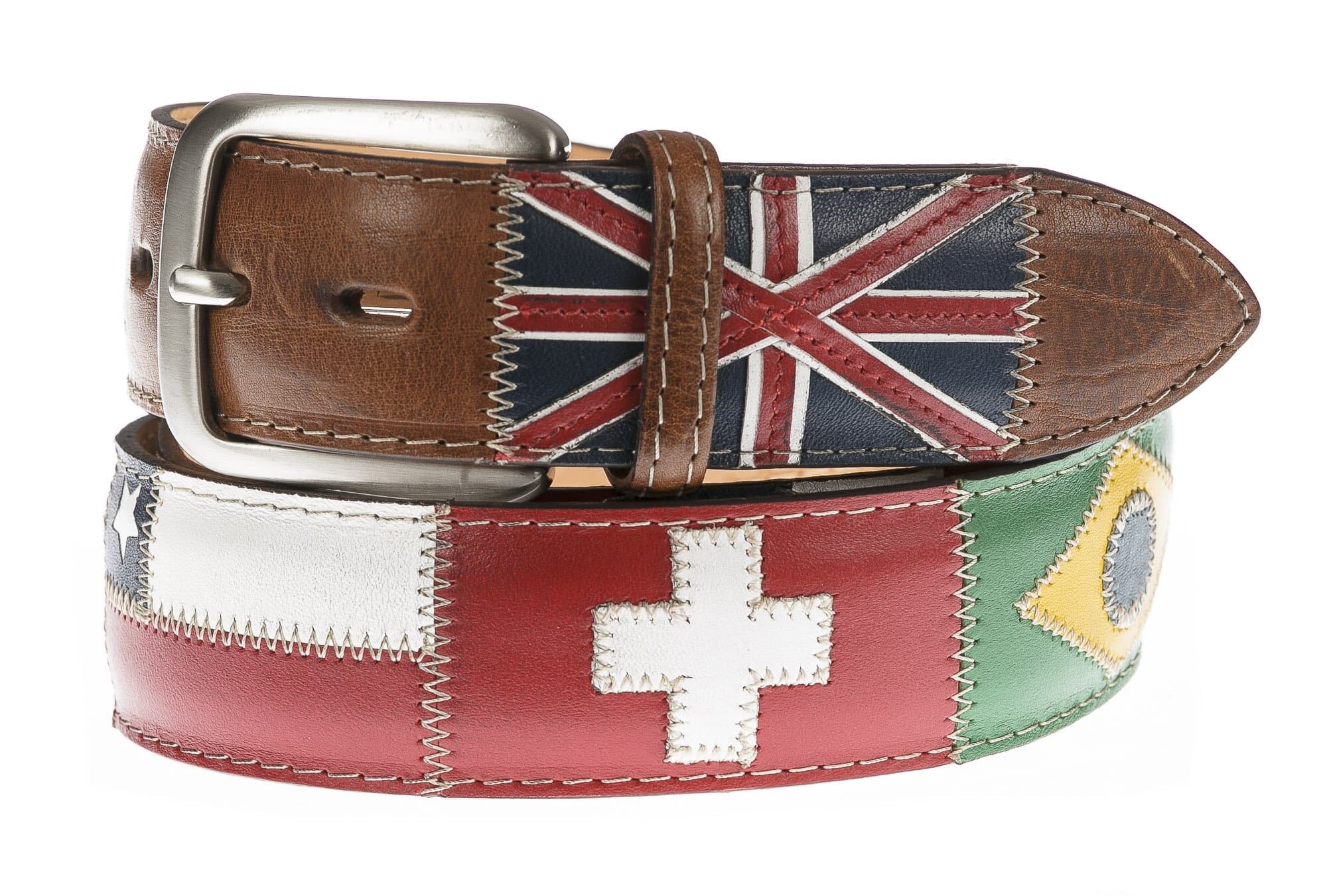 Cintura uomo in vera pelle BASILEA, colore MARRONE, con bandiere nazioni cucite a mano in pelle, SANTINI, Made in Italy