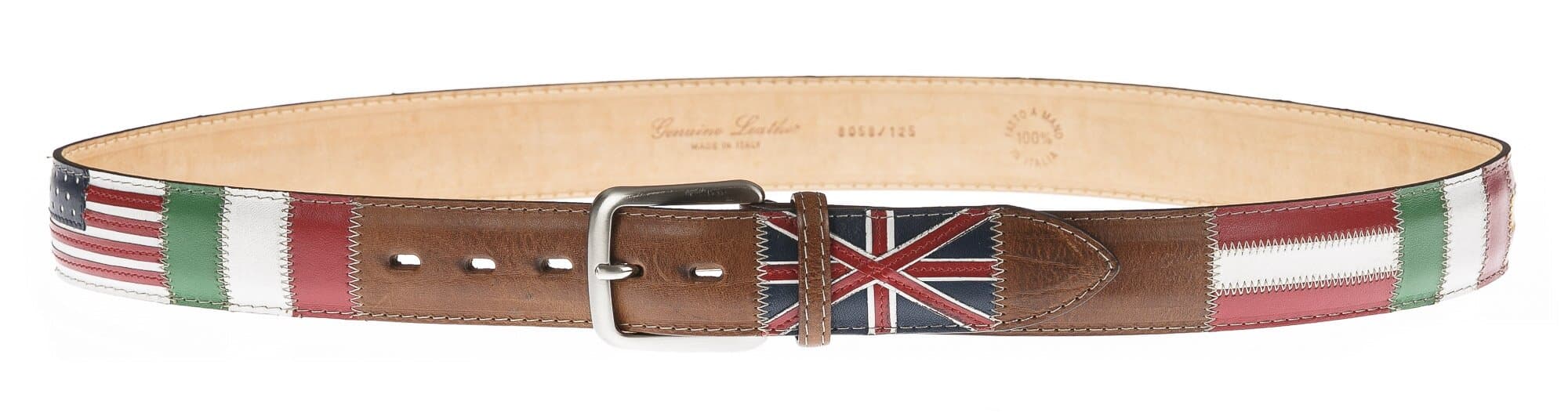 Cintura uomo in vera pelle BRISIGHELLA, colore MARRONE, fantasia con bandiere nazioni, SANTINI, MADE IN ITALY