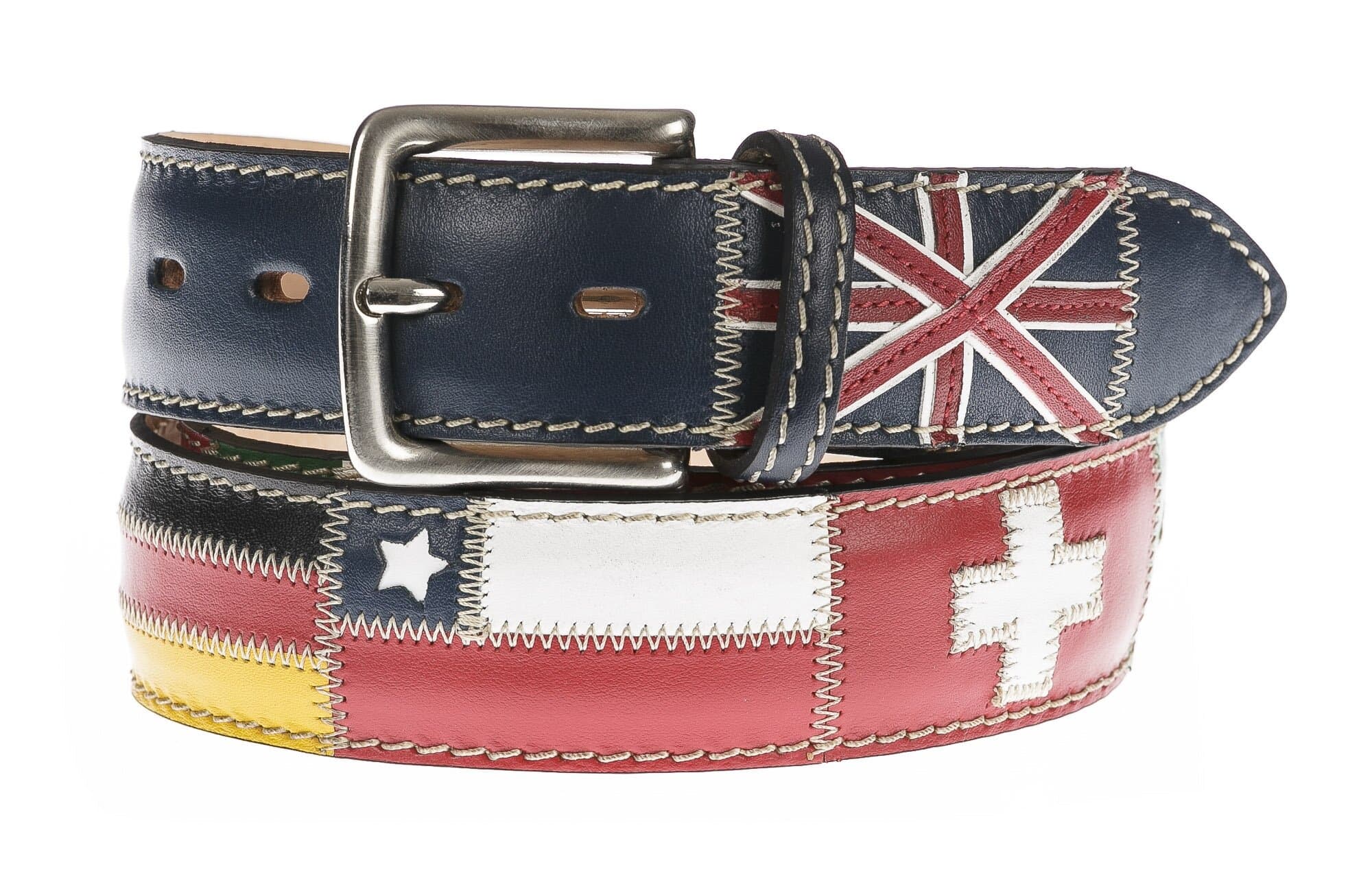 Cintura uomo in vera pelle BRISIGHELLA, colore BLU, fantasia con bandiere nazioni, SANTINI, MADE IN ITALY