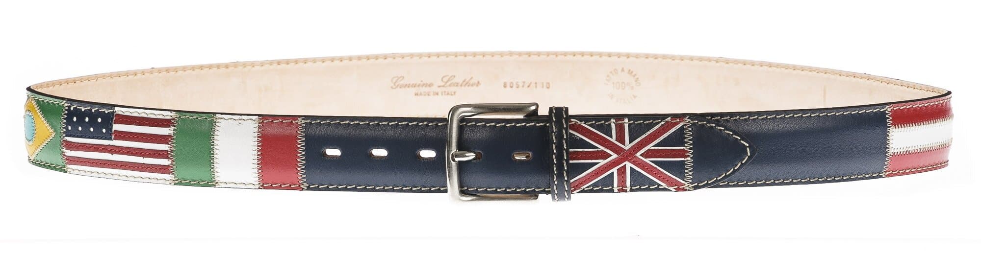 Cintura uomo in vera pelle BRISIGHELLA, colore BLU, fantasia con bandiere nazioni, SANTINI, MADE IN ITALY