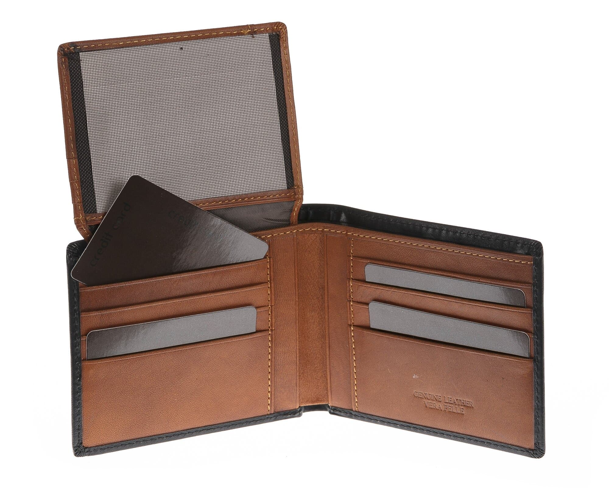 Portafoglio da uomo in vera pelle CAMBOGIA, colore NERO/MIELE, CHIAROSCURO, MADE IN ITALY