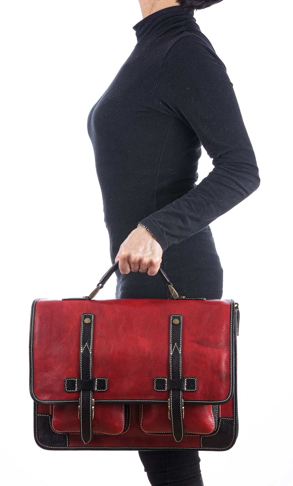 ERNESTO: cartella /borsa, zaino ufficio uomo, in cuoio, colore: ROSSO/NERO, Made in Italy