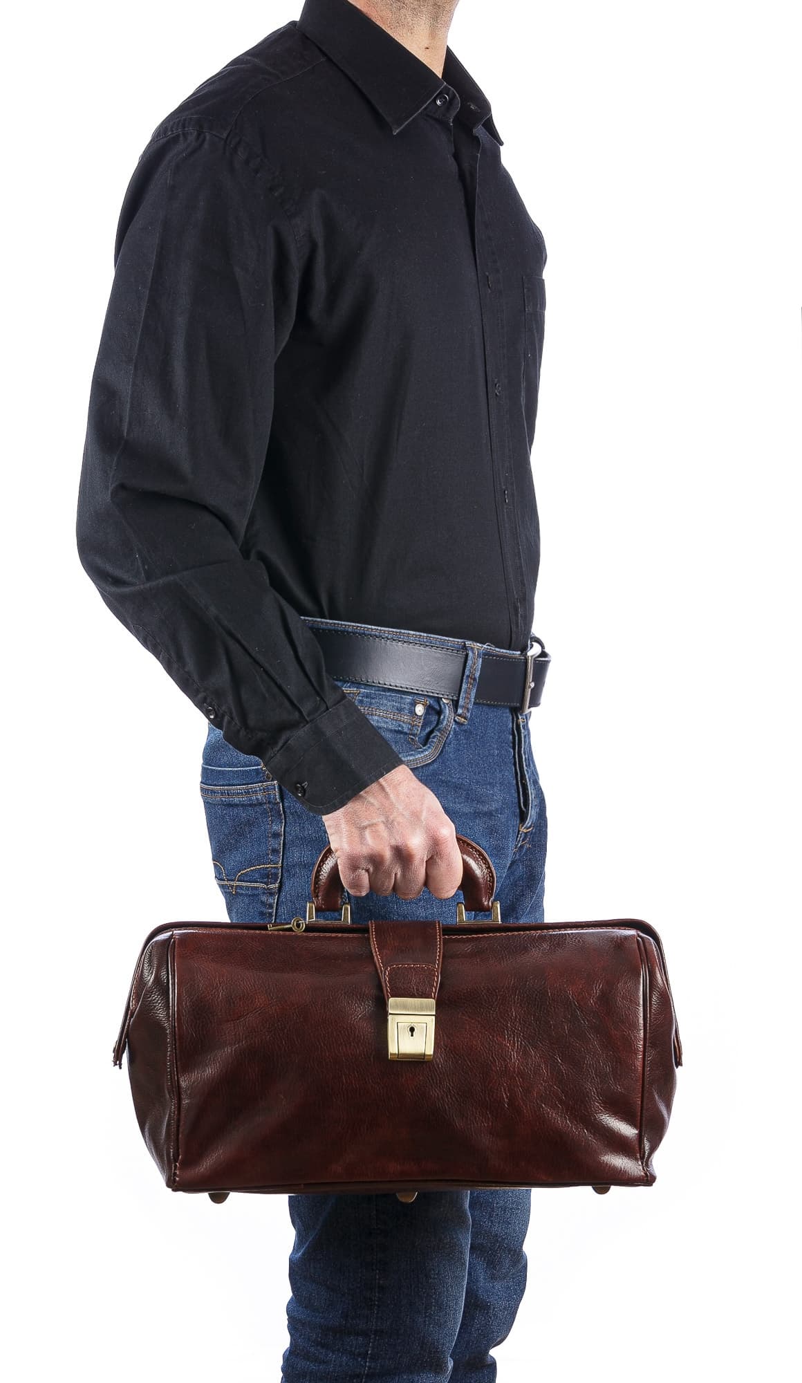 Borsa a mano da uomo in vera pelle modello dottore NICOLA, colore TESTA MORO, CHIAROSCURO, MADE IN ITALY 