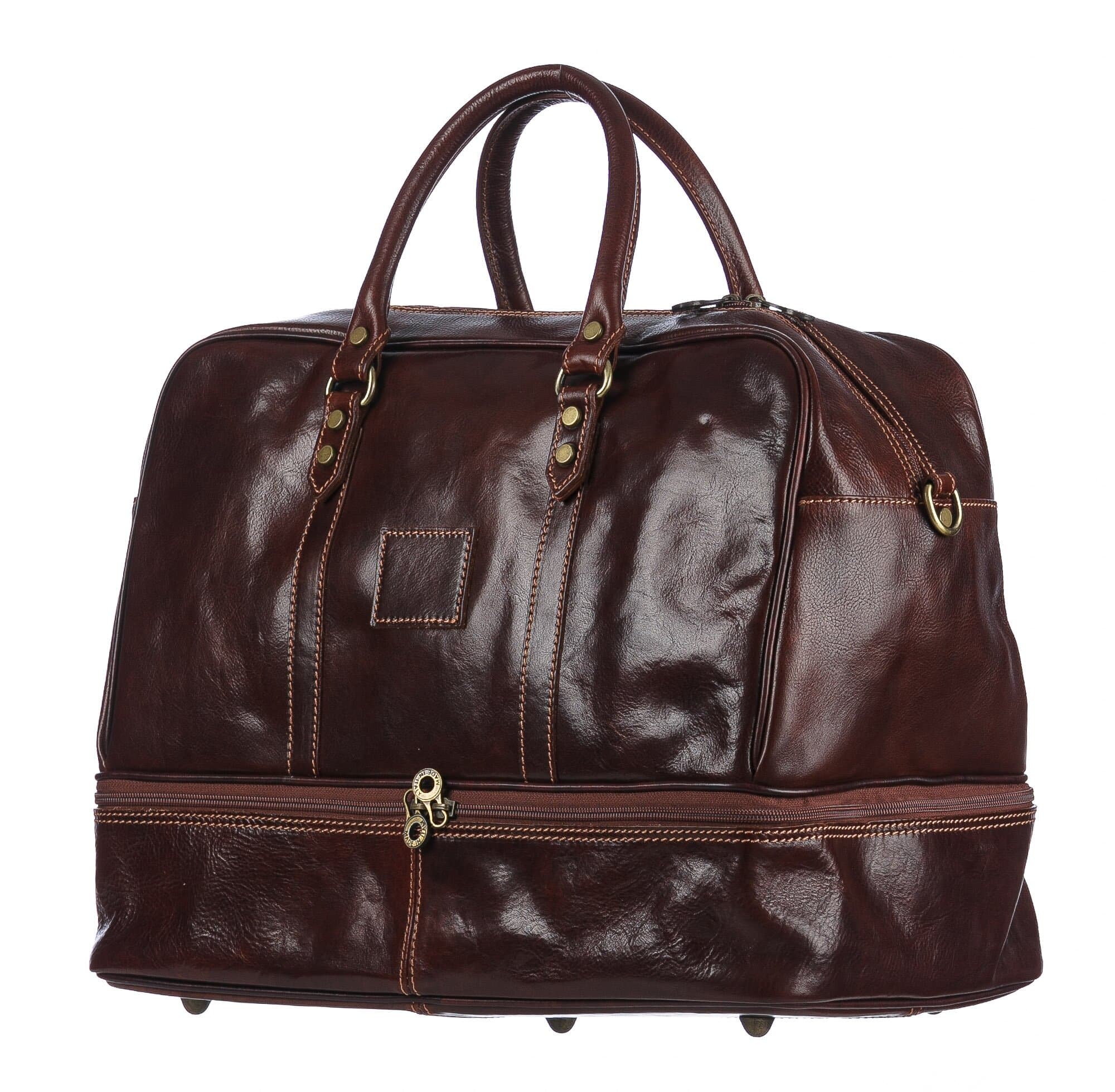 OMODEO : borsa da viaggio in cuoio, colore : TESTA MORO, Made in Italy