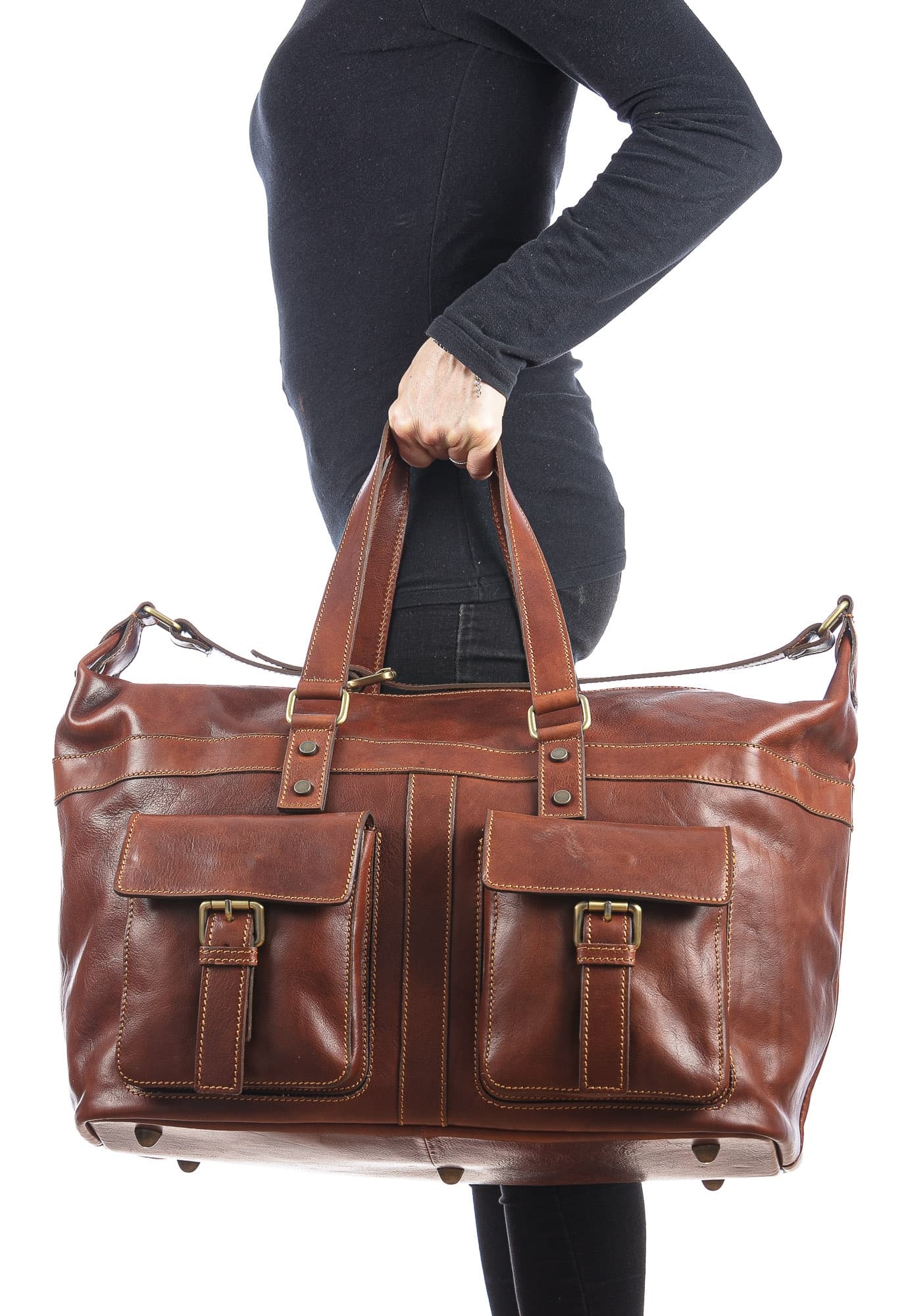 Borsone da viaggio in vera pelle NINFA, colore MARRONE, CHIAROSCURO, MADE IN ITALY