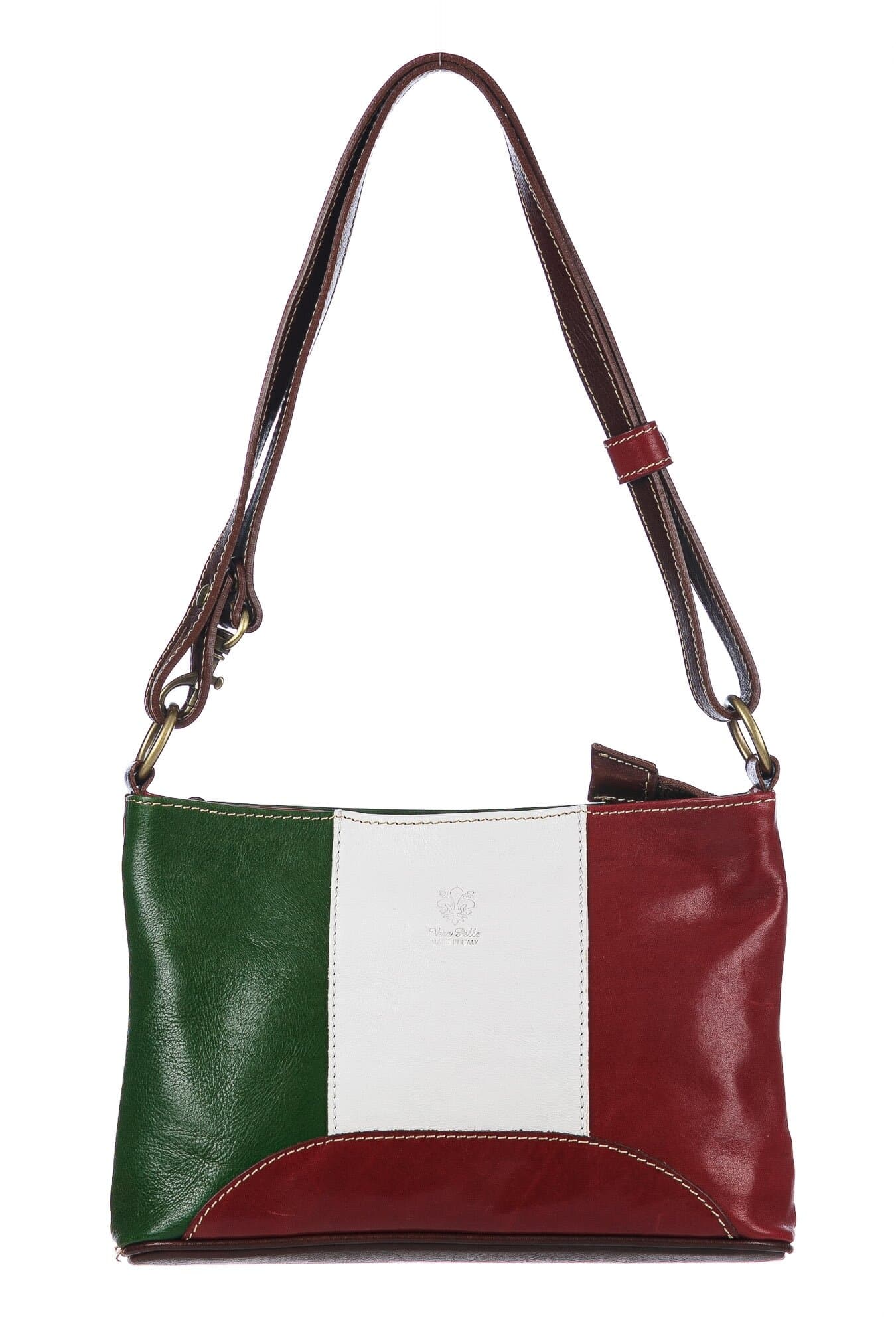 Borsa a spalla da donna in vera pelle GEMMA, colore VERDE/BIANCO/ROSSO, tricolore bandiera italiana, CHIAROSCURO, MADE IN ITALY