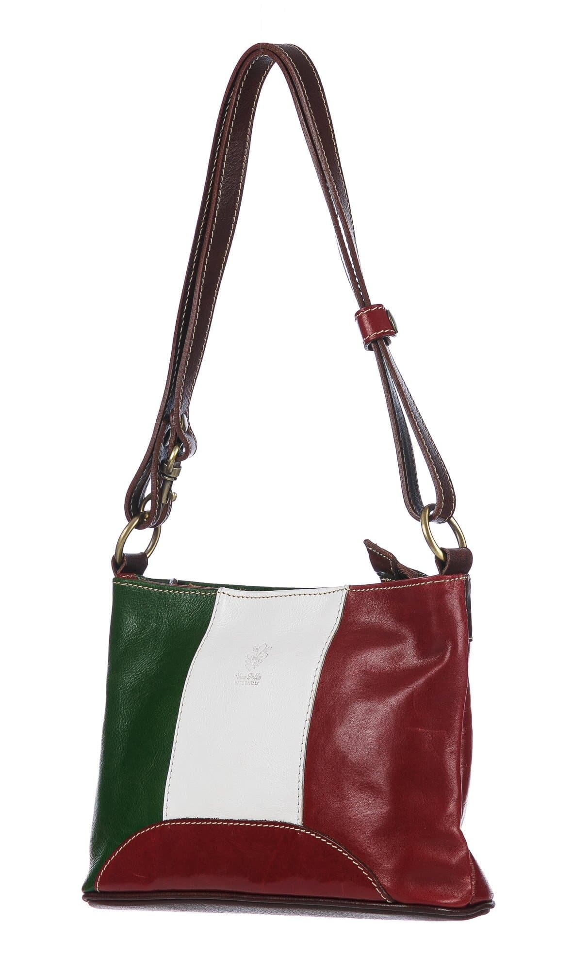 Borsa a spalla da donna in vera pelle GEMMA, colore VERDE/BIANCO/ROSSO, tricolore bandiera italiana, CHIAROSCURO, MADE IN ITALY