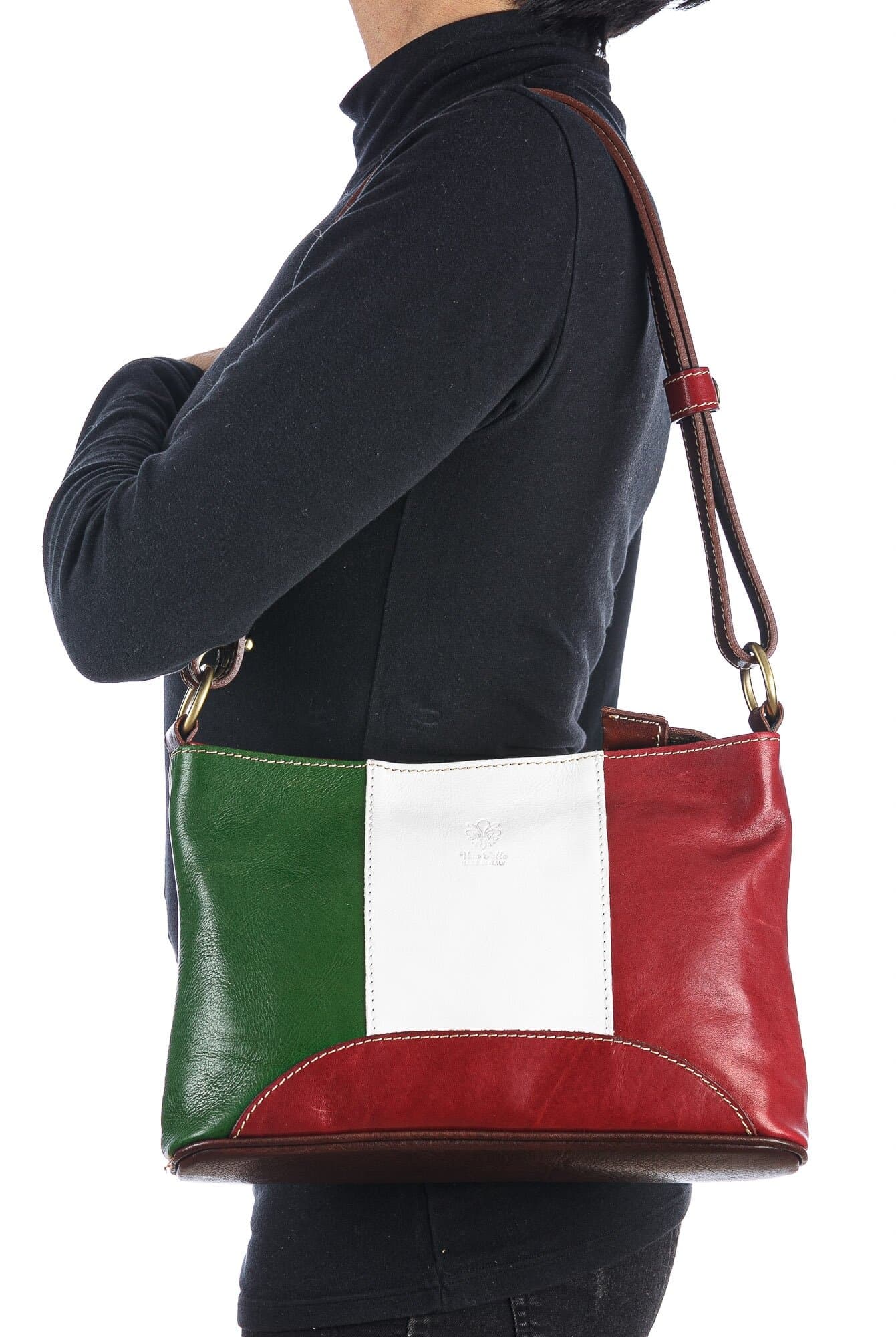 Borsa a spalla da donna in vera pelle GEMMA, colore VERDE/BIANCO/ROSSO, tricolore bandiera italiana, CHIAROSCURO, MADE IN ITALY