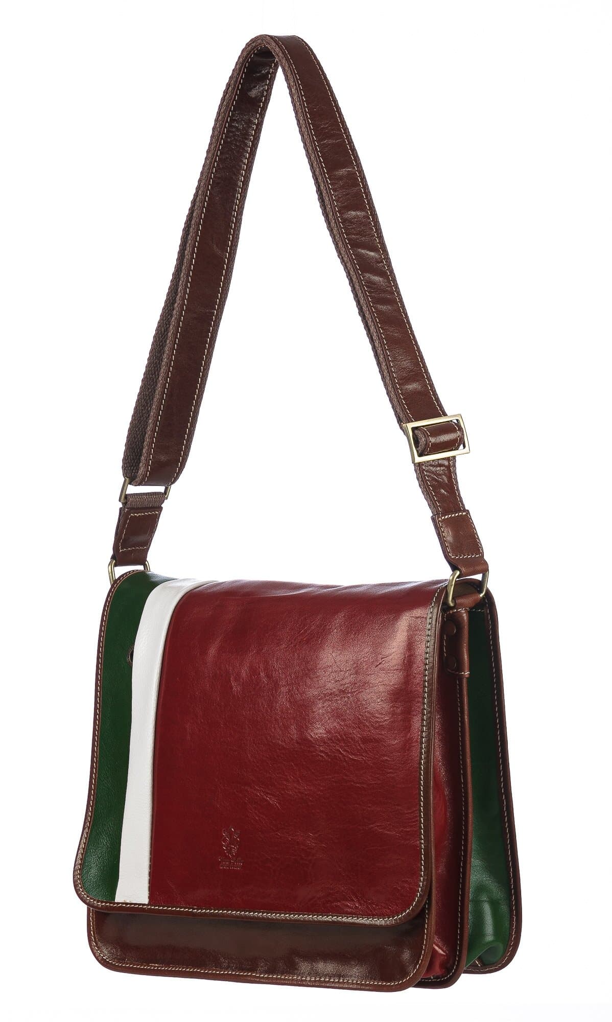 Tracolla uomo in vera pelle ILARIO, TRICOLORE BANDIERA ITALIANA, colore VERDE/BIANCO/ROSSO, CHIAROSCURO, MADE IN ITALY 