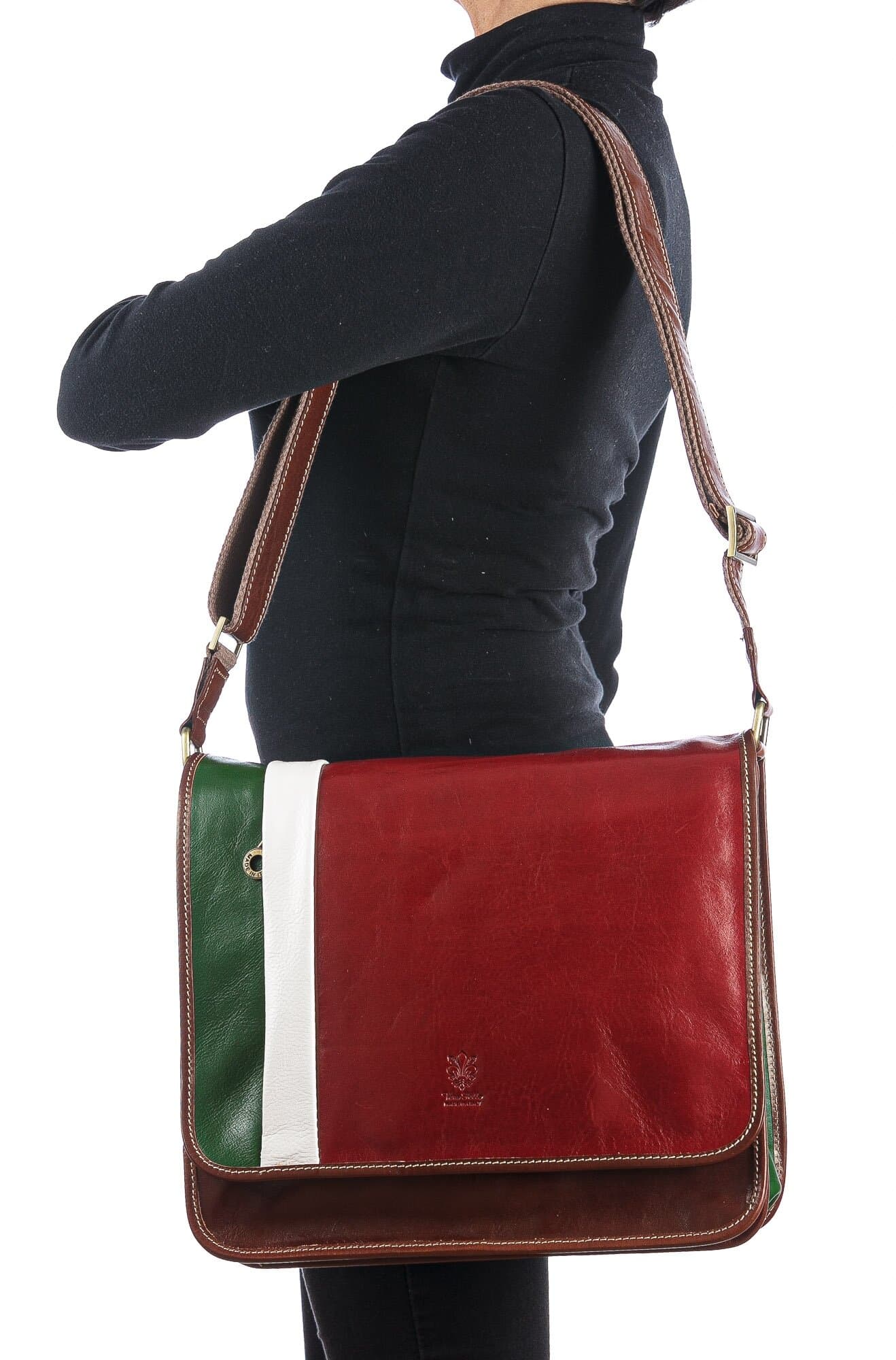 Genuine leather crossbody bag for man ILARIO, Tricolour Italian Flag, GREEN/WHITE/RED, CHIAROSCURO, MADE IN ITALY