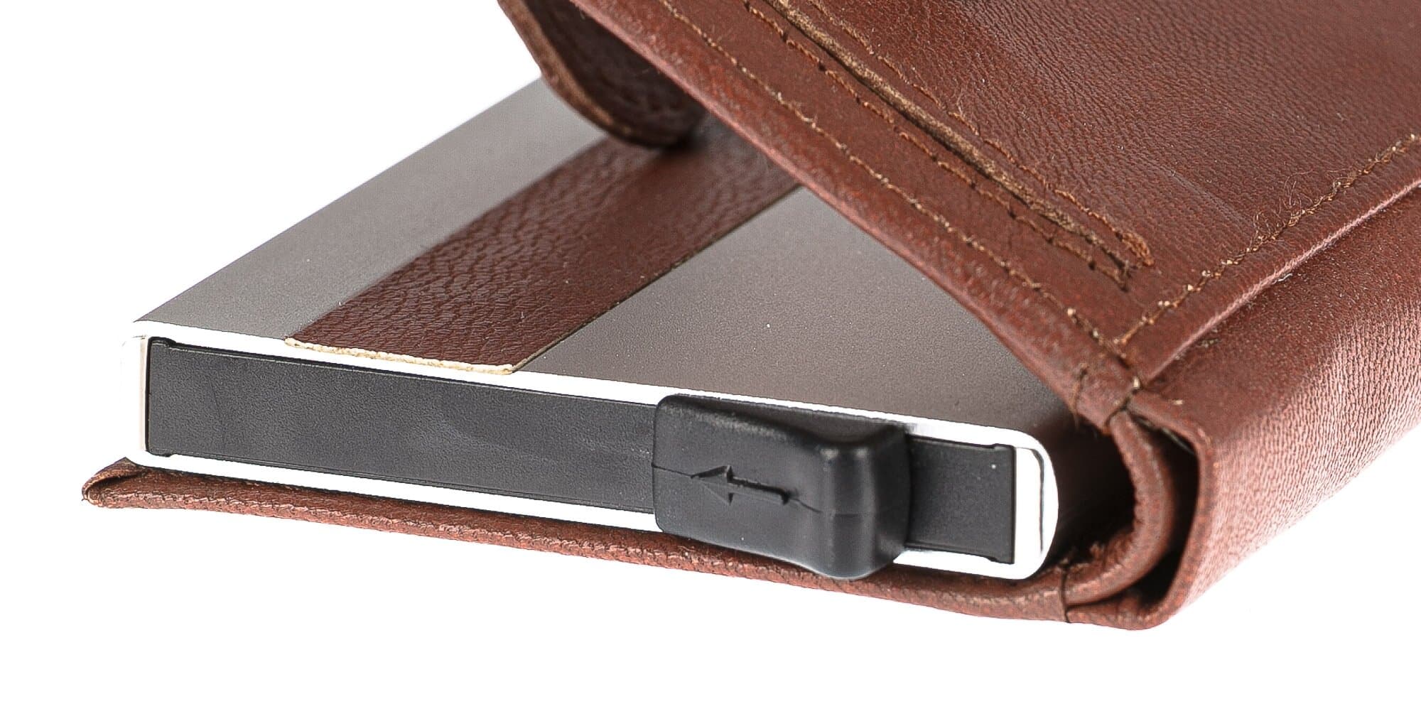 Portafoglio in vera pelle e porta carte di credito in alluminio da uomo BIRMANIA, con BLOCCO RFID, colore MARRONE, CHIAROSCURO, MADE IN ITALY