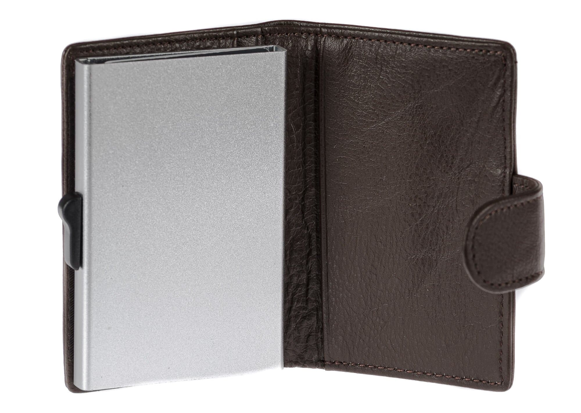 Portafoglio in vera pelle e porta carte di credito in alluminio da uomo EL SALVADOR, con BLOCCO RFID, colore TESTA DI MORO, CHIAROSCURO