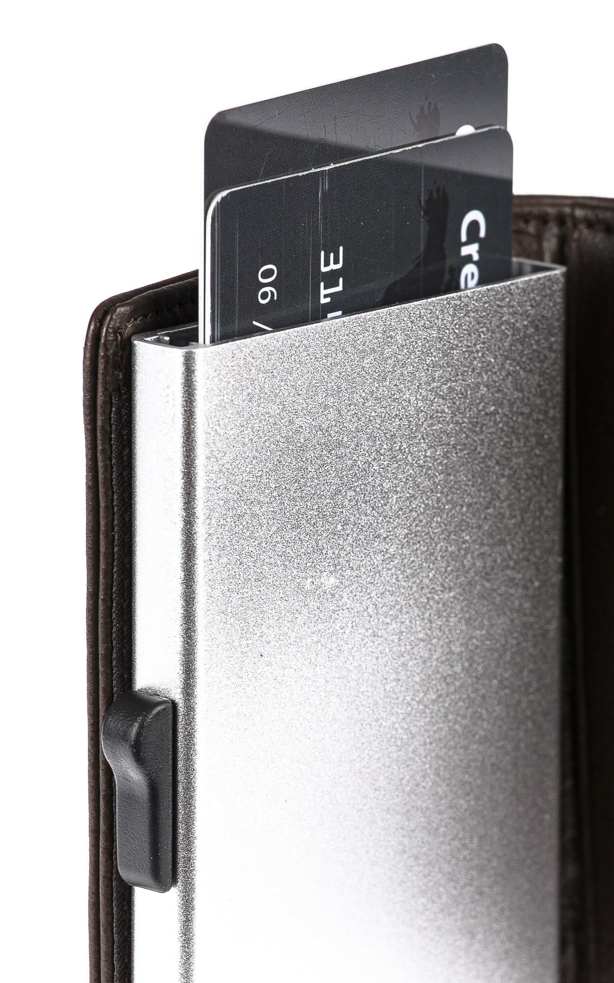 Portafoglio in vera pelle e porta carte di credito in alluminio da uomo EL SALVADOR, con BLOCCO RFID, colore TESTA DI MORO, CHIAROSCURO