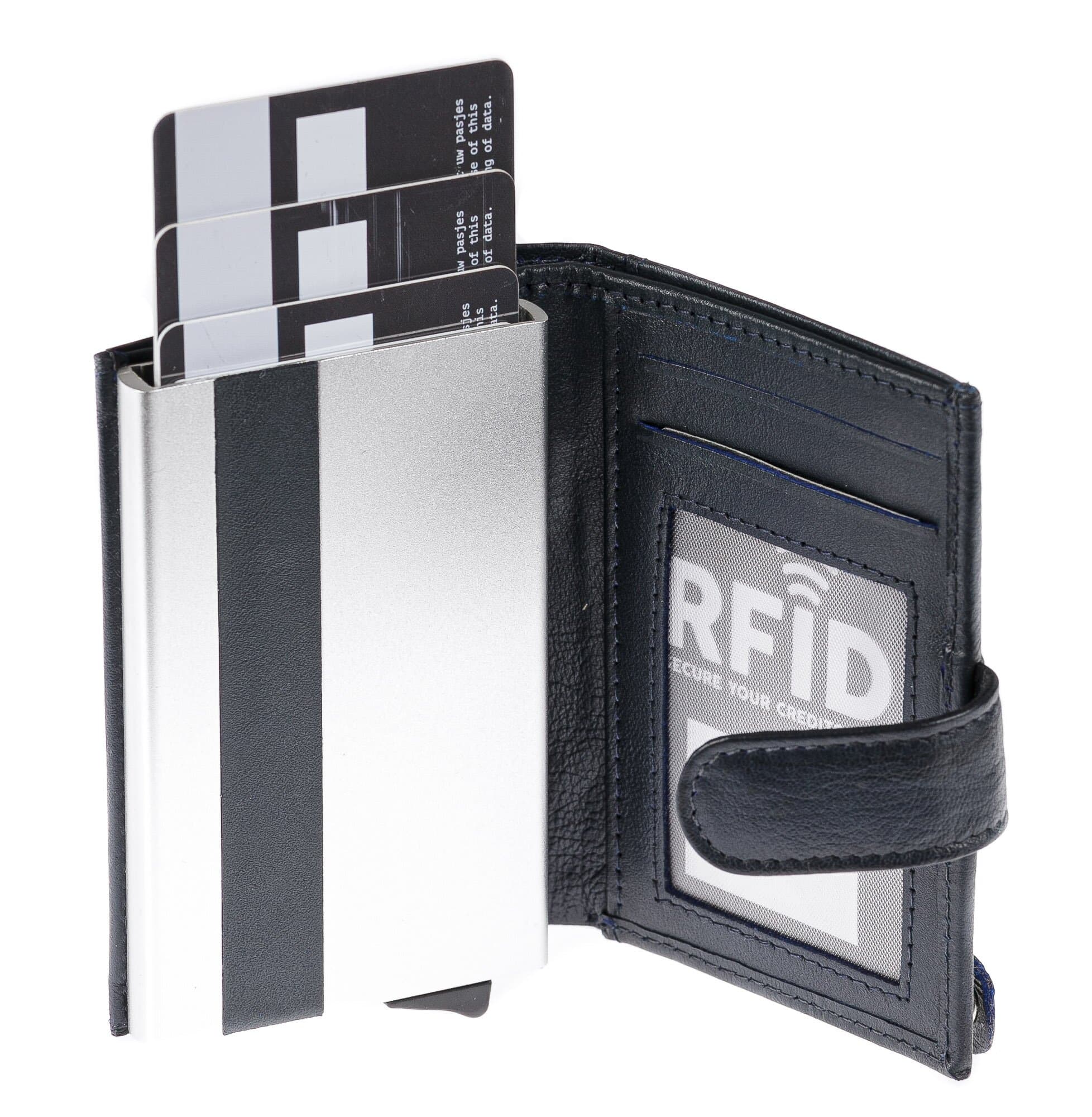 Portafoglio in vera pelle e porta carte di credito in alluminio da uomo BIRMANIA, con BLOCCO RFID, colore BLU, CHIAROSCURO, MADE IN ITALY 