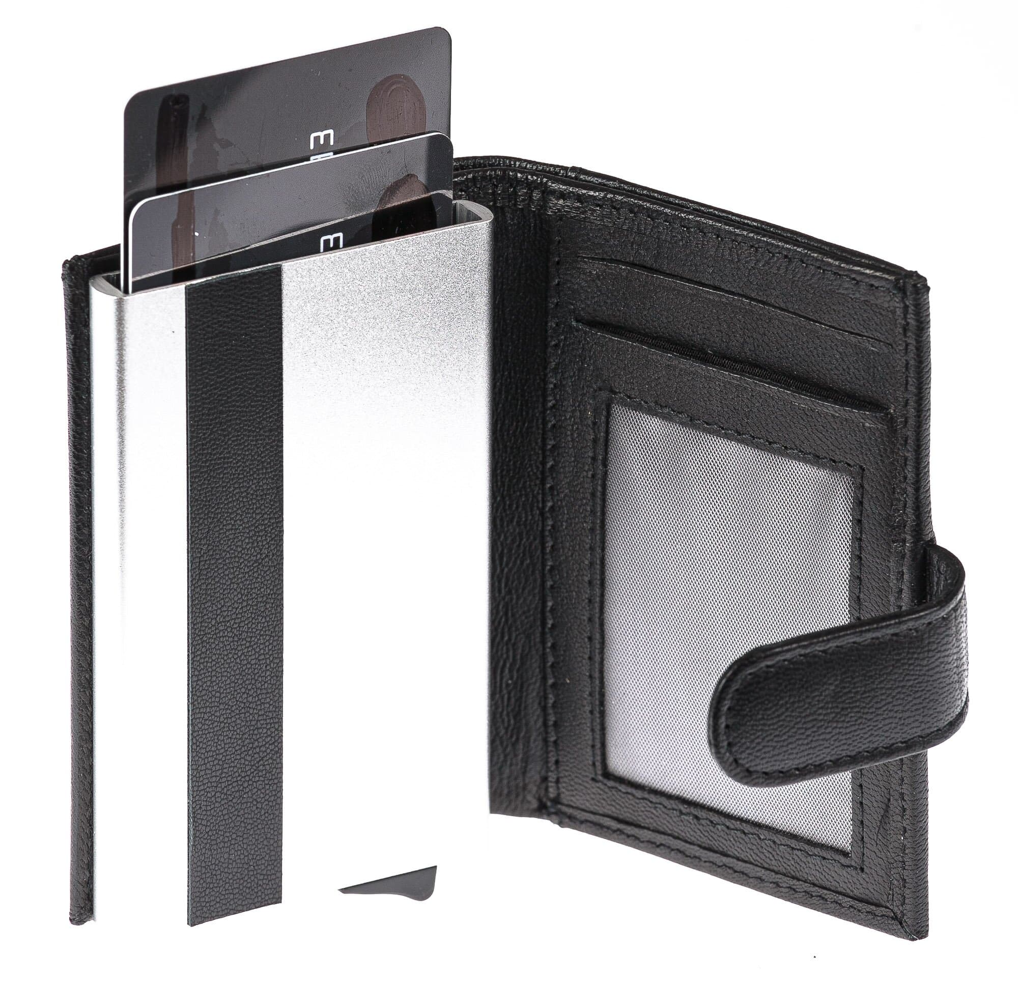 Portafoglio in vera pelle e porta carte di credito in alluminio da uomo BIRMANIA, con BLOCCO RFID, colore NERO, CHIAROSCURO, MADE IN ITALY
