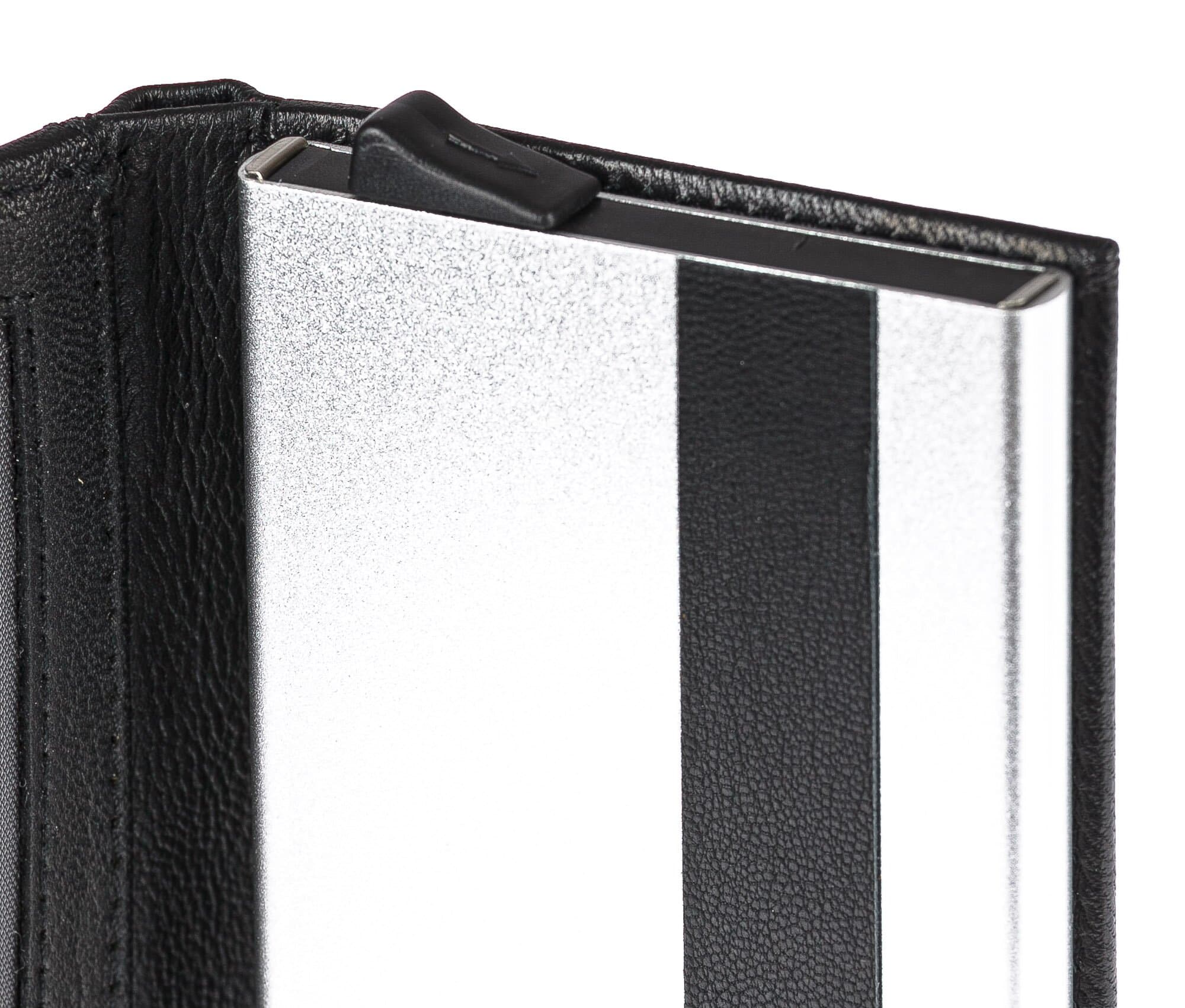 Portafoglio in vera pelle e porta carte di credito in alluminio da uomo BIRMANIA, con BLOCCO RFID, colore NERO, CHIAROSCURO, MADE IN ITALY