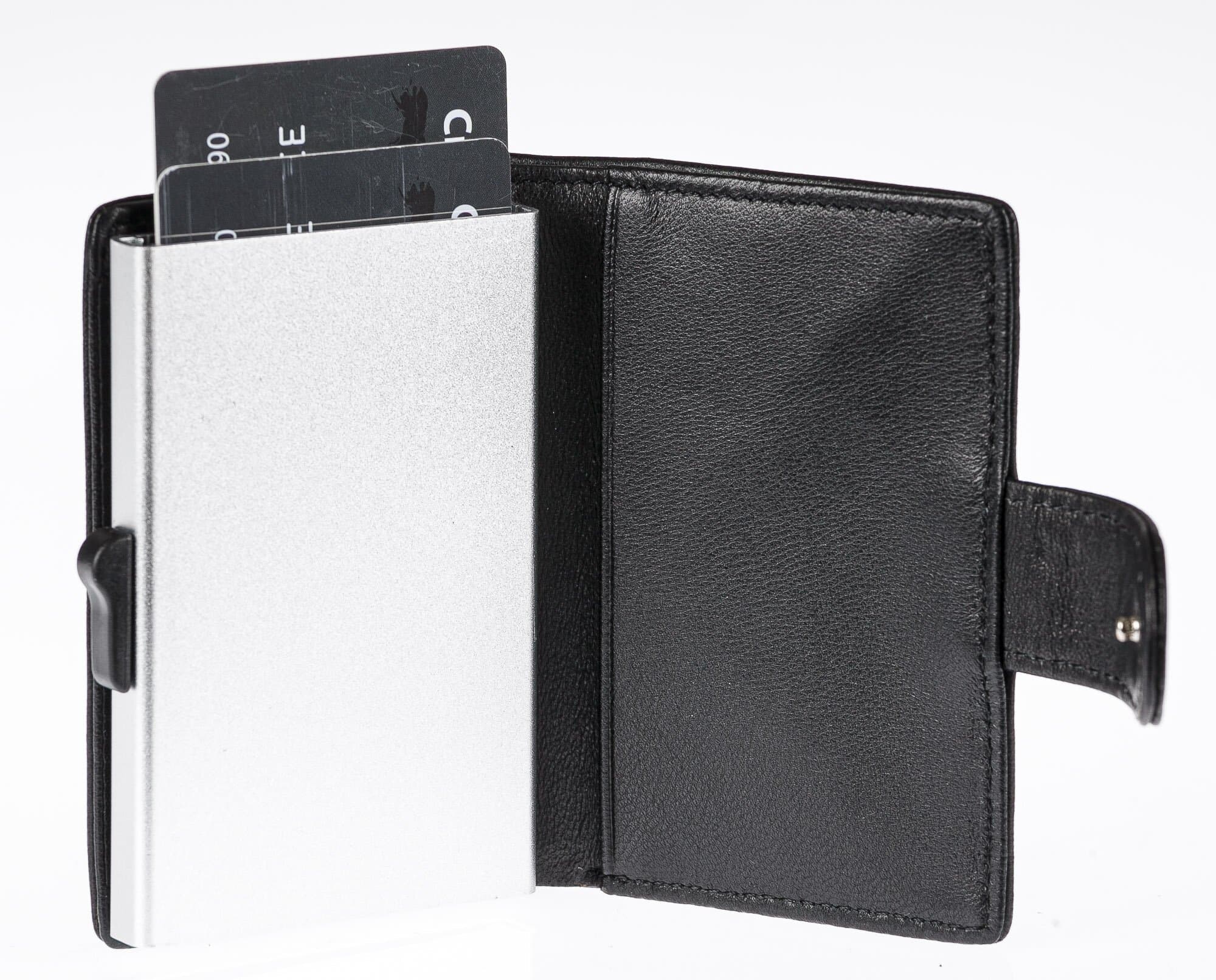 Portafoglio in vera pelle e porta carte di credito in alluminio da uomo EL SALVADOR, con BLOCCO RFID, colore NERO, CHIAROSCURO