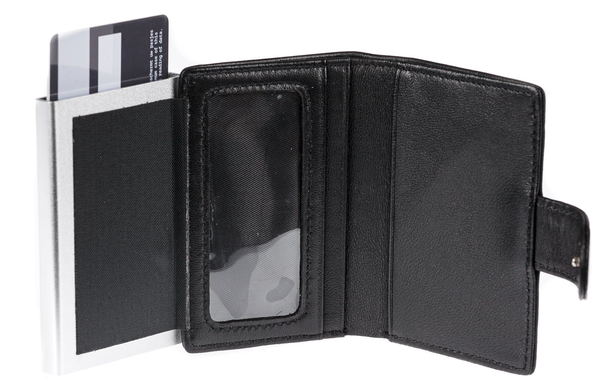 Portafoglio in vera pelle e porta carte di credito in alluminio da uomo EL SALVADOR, con BLOCCO RFID, colore NERO, CHIAROSCURO
