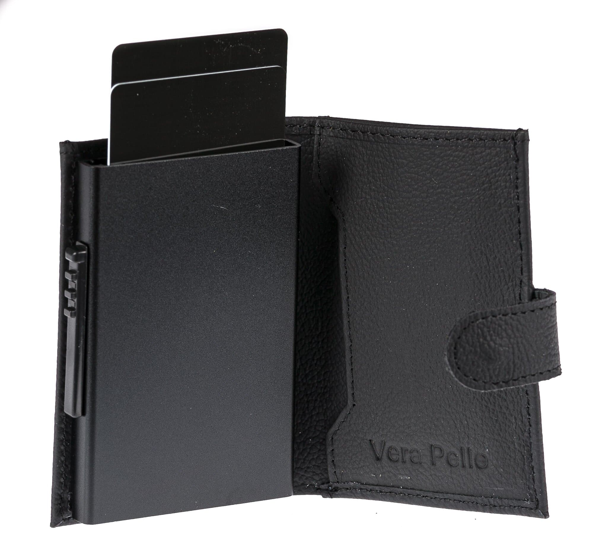 Portafoglio in vera pelle e porta carte di credito in alluminio da uomo OMAN, con BLOCCO RFID, colore NERO, CHIAROSCURO