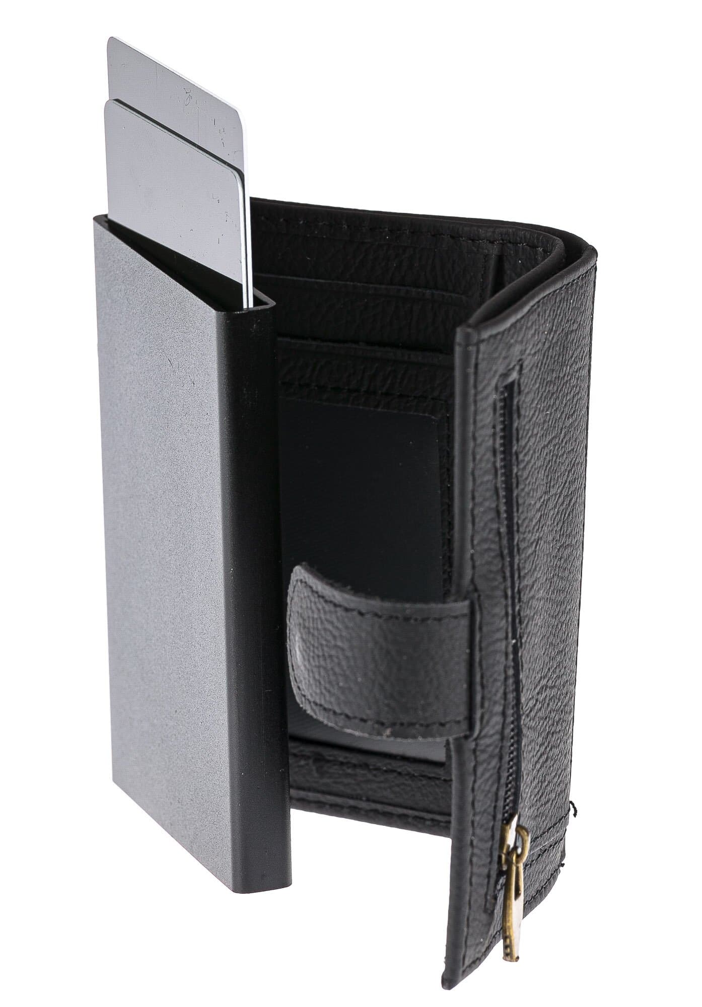Portafoglio in vera pelle e porta carte di credito in alluminio da uomo OMAN, con BLOCCO RFID, colore NERO, CHIAROSCURO