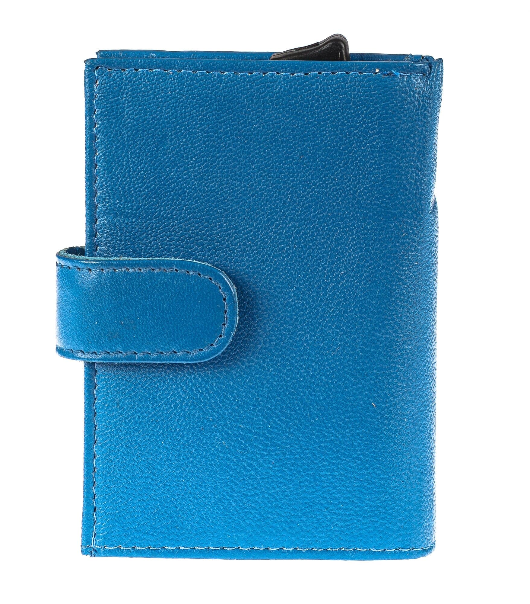 Portafoglio in vera pelle e porta carte di credito in alluminio da uomo BIRMANIA, con BLOCCO RFID, colore AZZURRO, CHIAROSCURO, MADE IN ITALY
