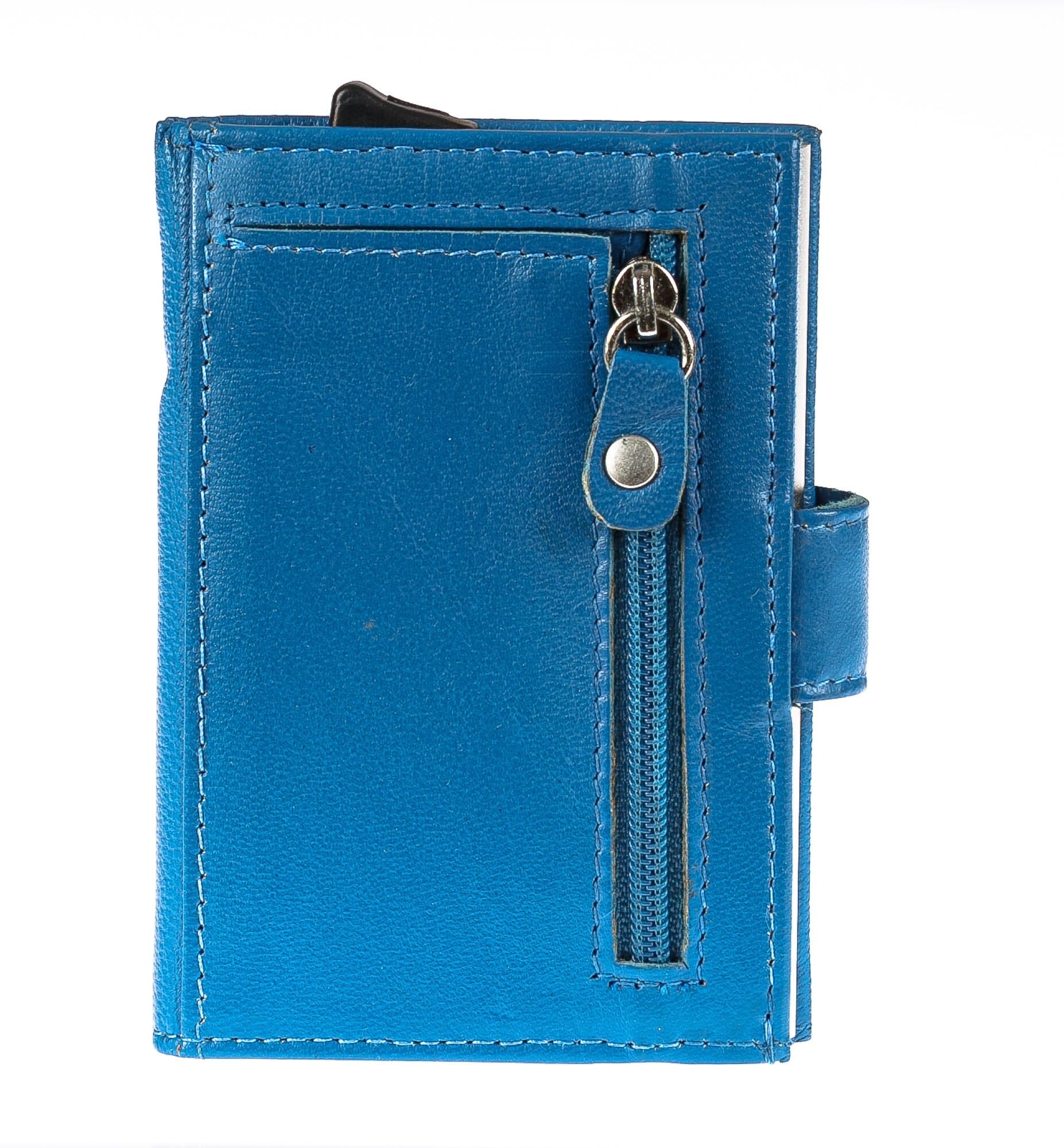 Portafoglio in vera pelle e porta carte di credito in alluminio da uomo BIRMANIA, con BLOCCO RFID, colore AZZURRO, CHIAROSCURO, MADE IN ITALY
