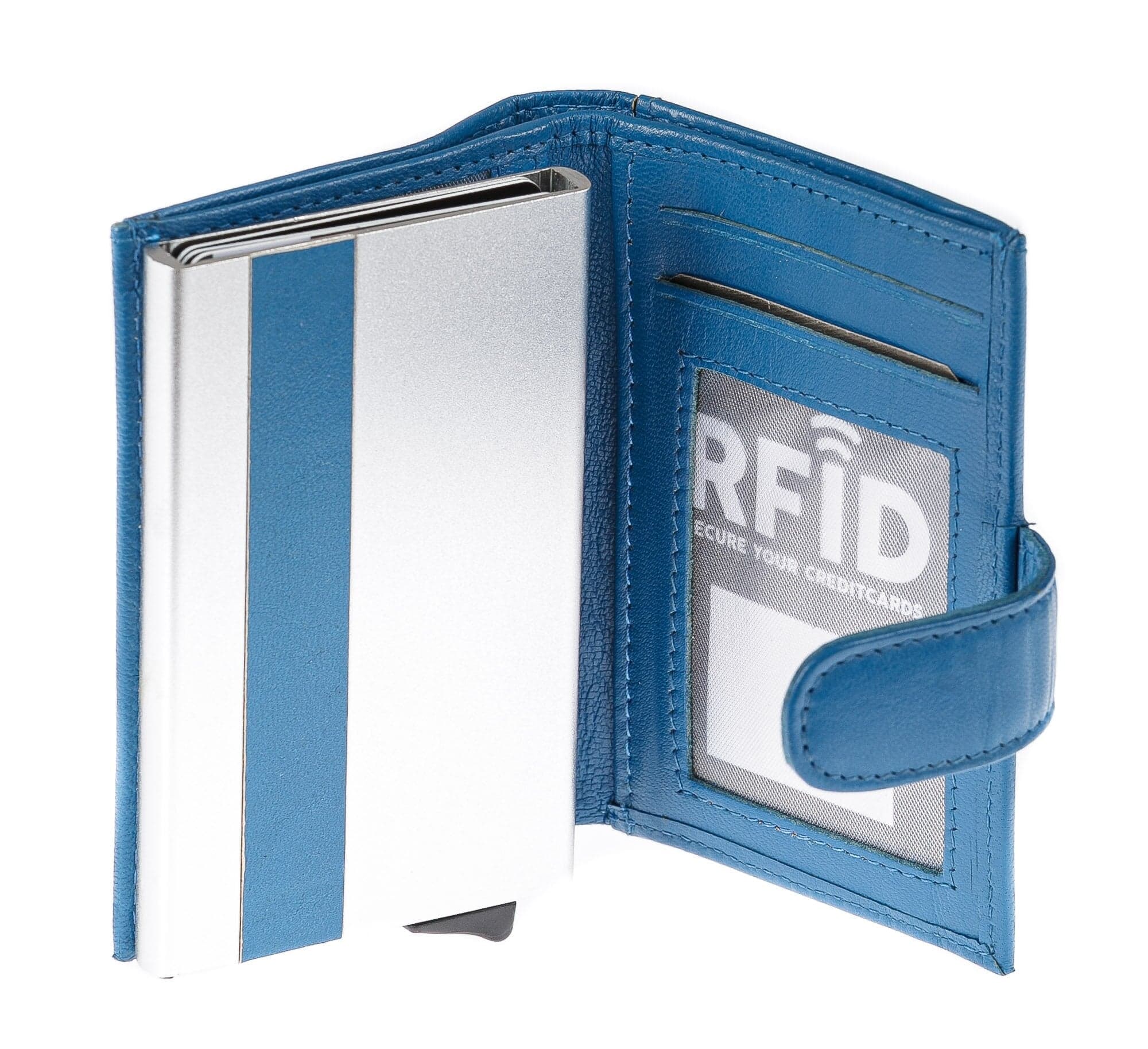Portafoglio in vera pelle e porta carte di credito in alluminio da uomo BIRMANIA, con BLOCCO RFID, colore AZZURRO, CHIAROSCURO, MADE IN ITALY