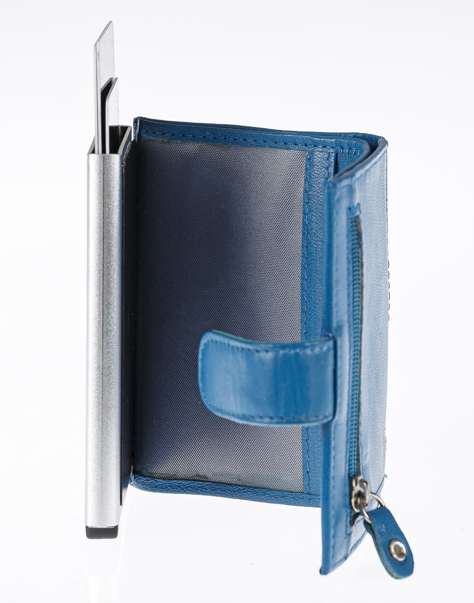 Portafoglio in vera pelle e porta carte di credito in alluminio da uomo BIRMANIA, con BLOCCO RFID, colore AZZURRO, CHIAROSCURO, MADE IN ITALY