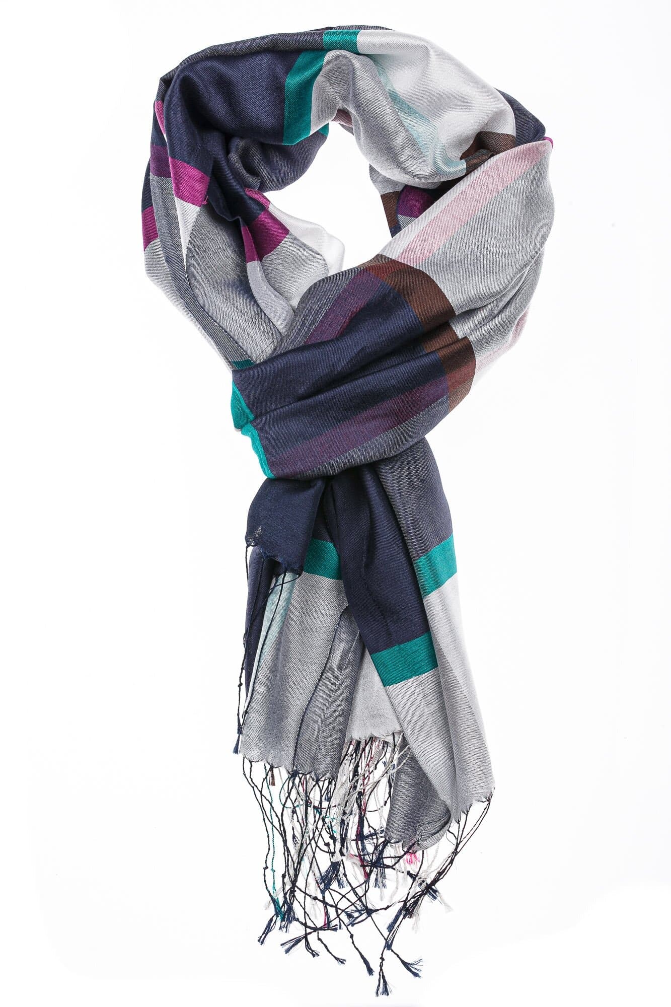 Foulard primaverile da donna MELA, design a quadretti, colore BLU/BIANCO/VIOLA, EMPORIUM ITALY