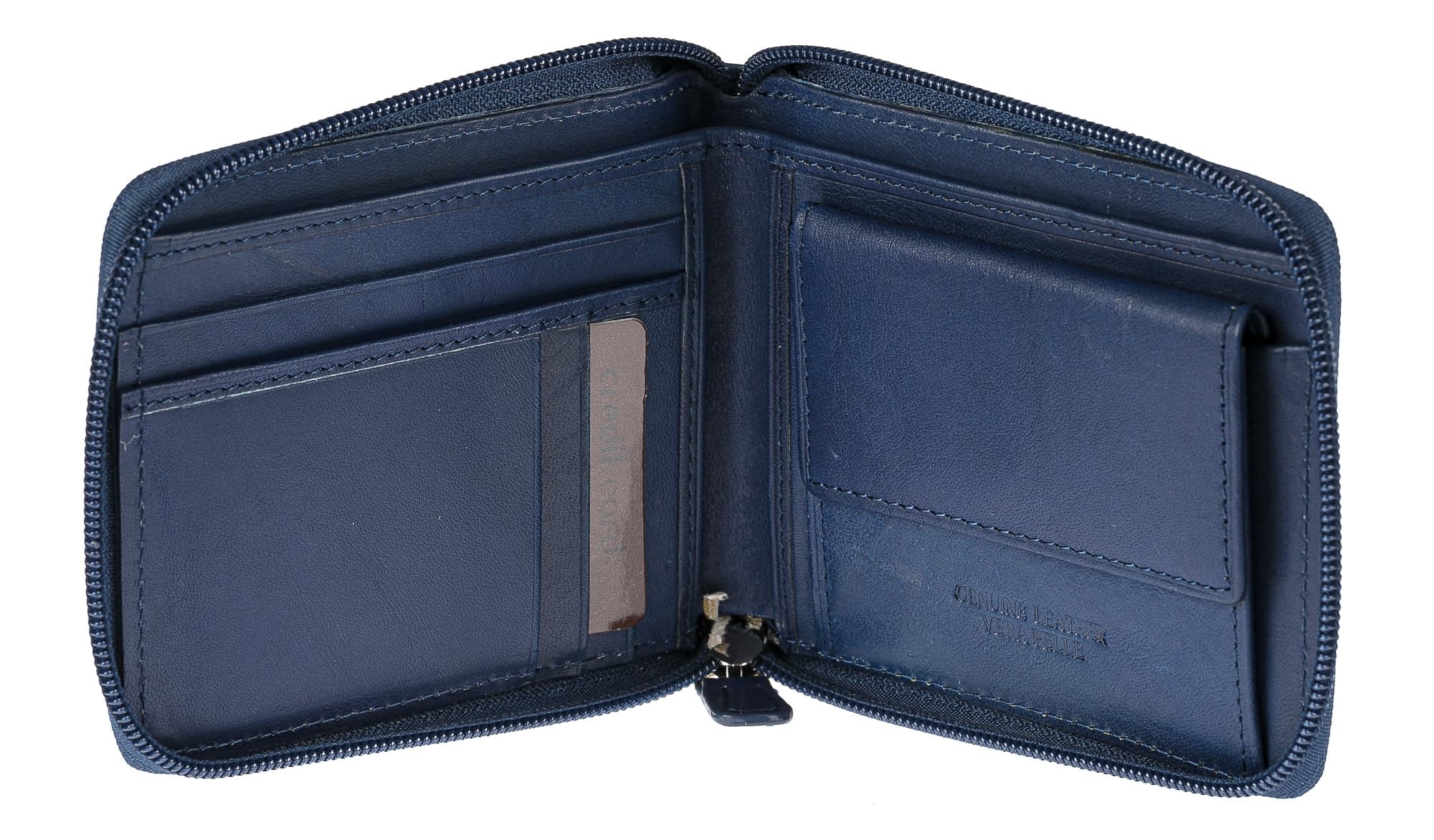 BENIN: portafoglio uomo a zip in cuoio, colore: BLU, Made in Italy