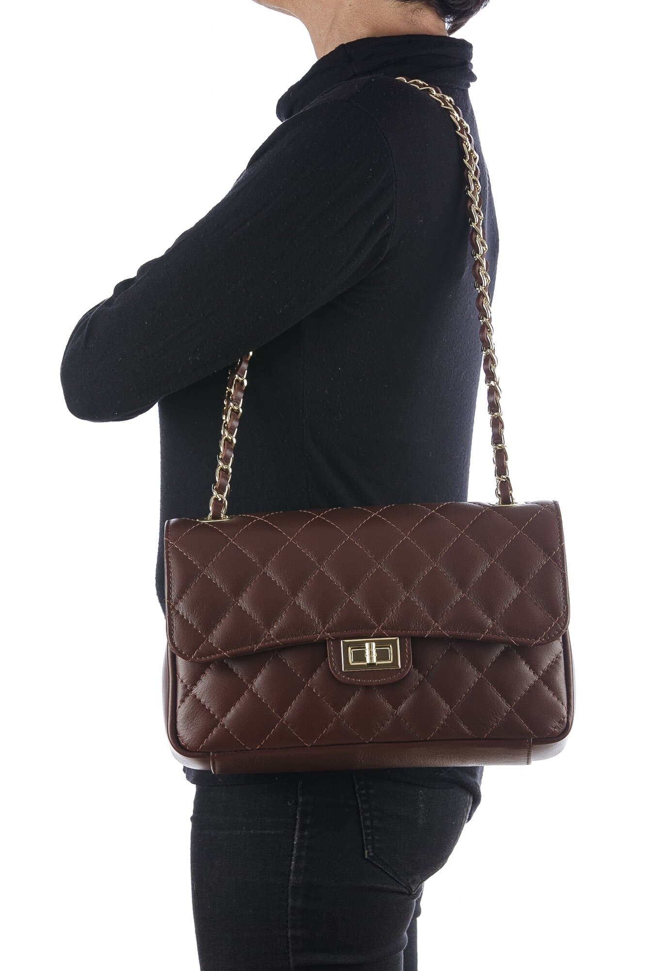 Borsa a spalla da donna in vera pelle CHARLOTTE MEDIUM, colore TESTA MORO, CHIAROSCURO, MADE IN ITALY