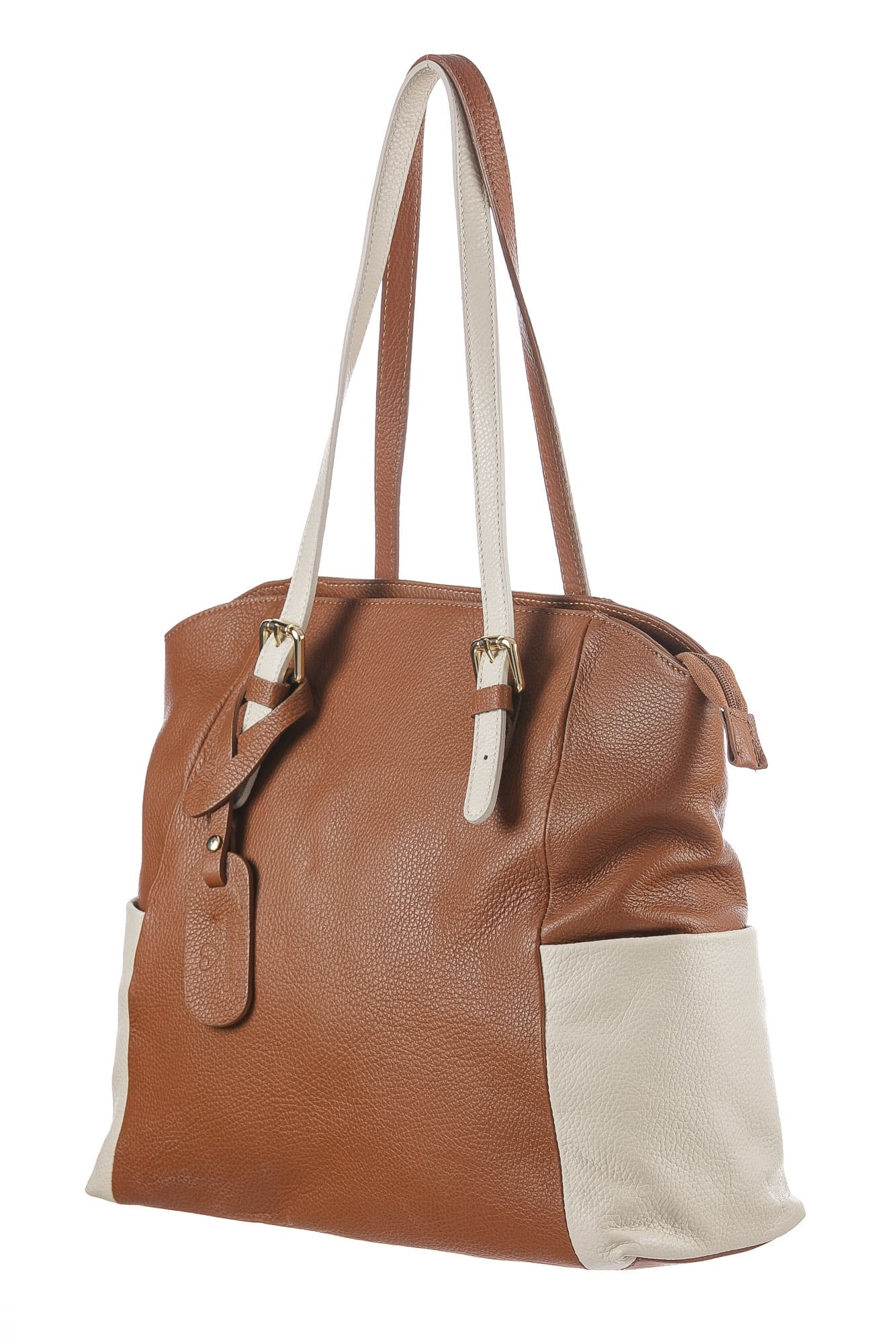 Borsa a spalla da donna in vera pelle CLERY, colore MARRONE/PANNA, CHIARO SCURO, MADE IN ITALY