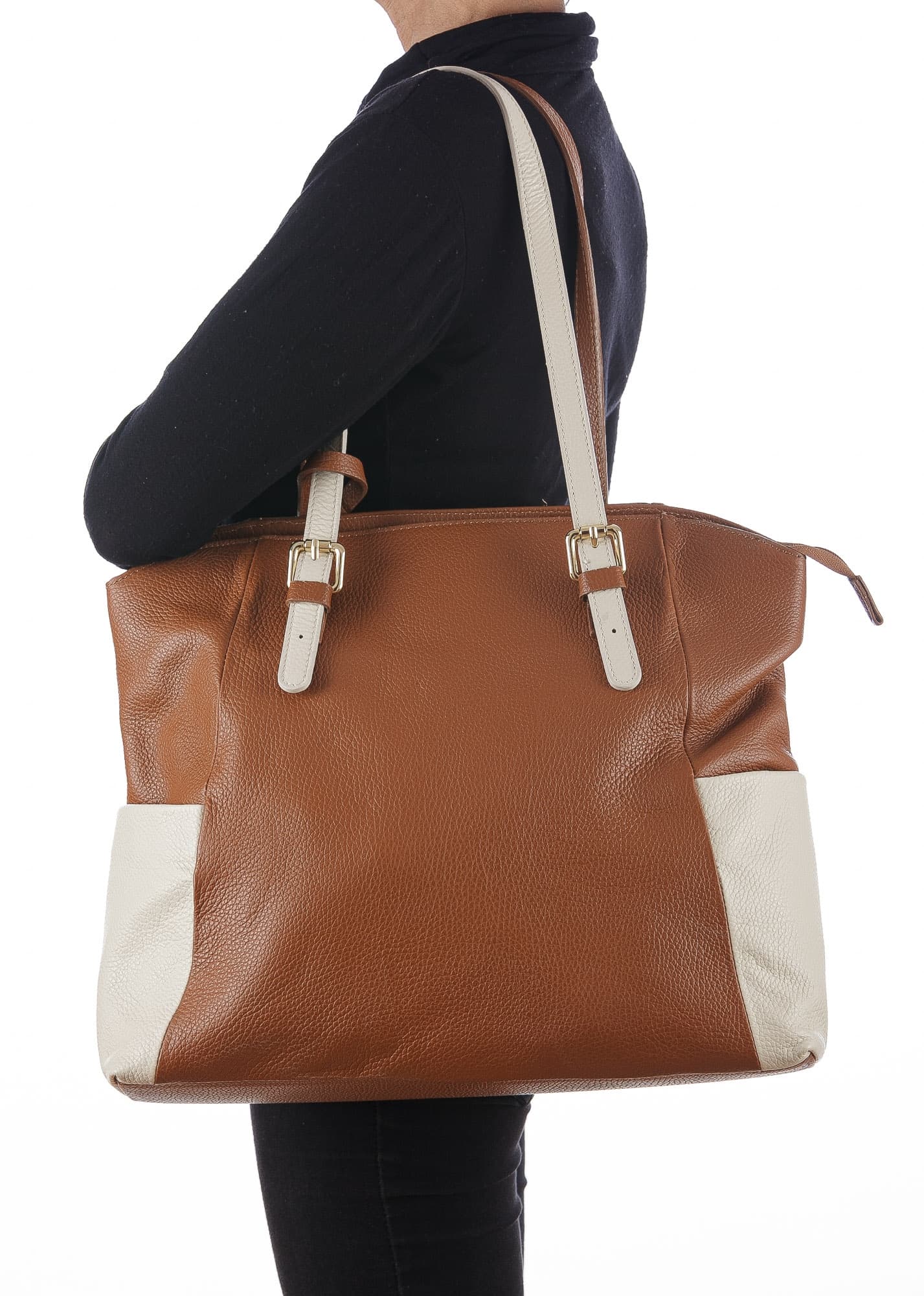 Borsa a spalla da donna in vera pelle CLERY, colore MARRONE/PANNA, CHIARO SCURO, MADE IN ITALY