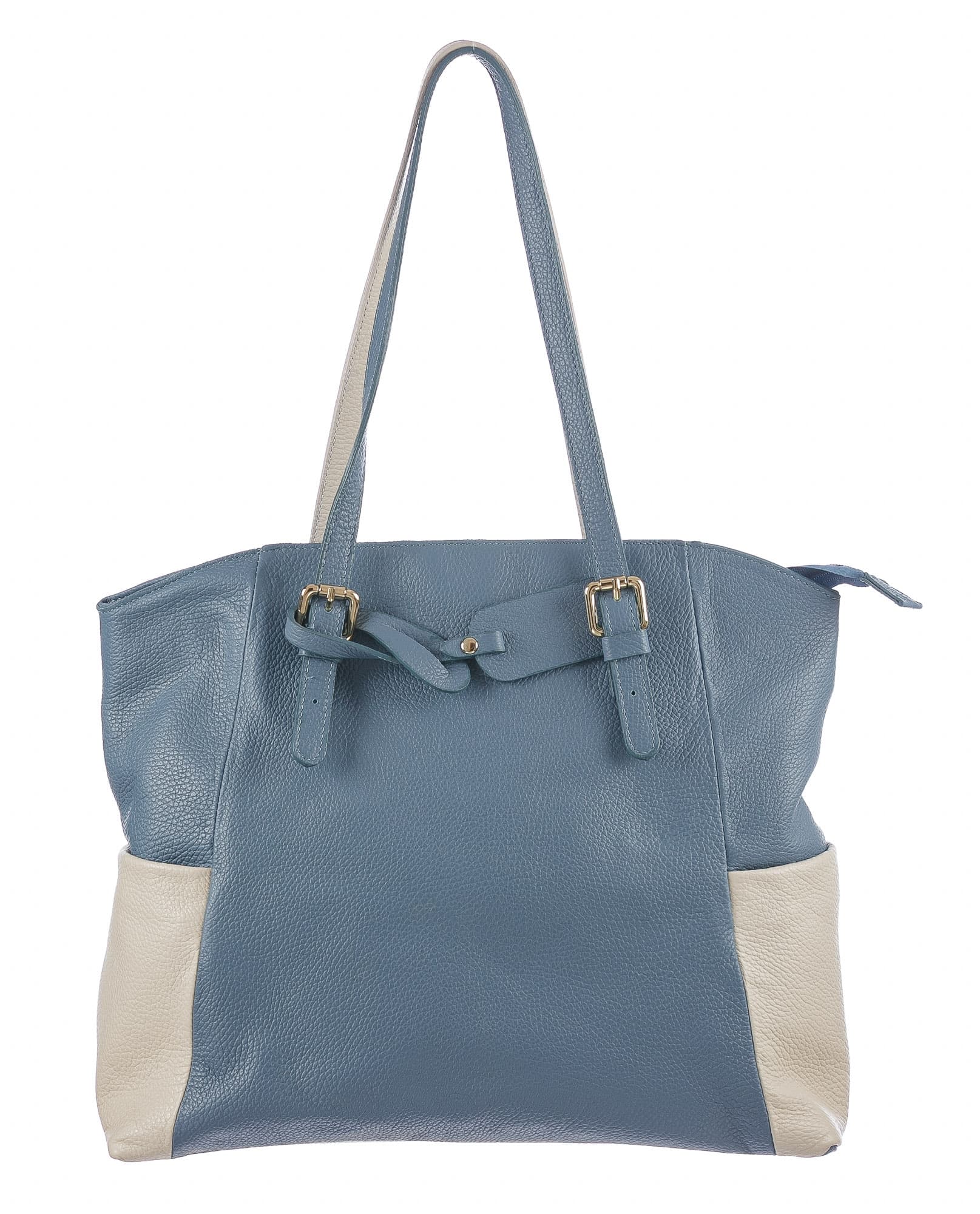 Borsa a spalla da donna in vera pelle CLERY, colore AZZURRO/PANNA, CHIARO SCURO, MADE IN ITALY 