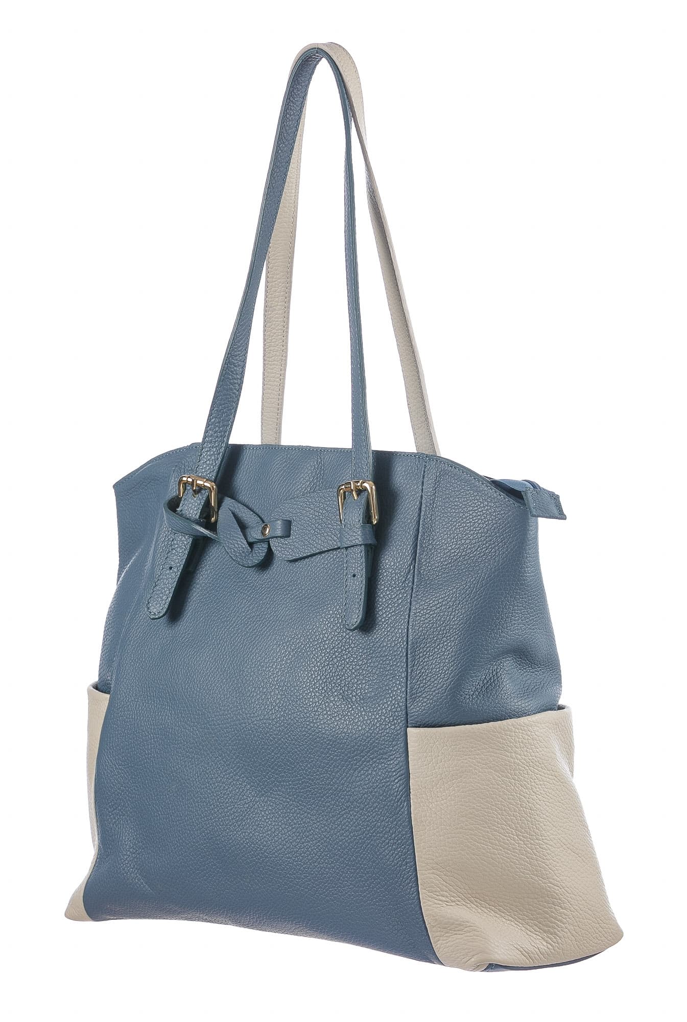 Borsa a spalla da donna in vera pelle CLERY, colore AZZURRO/PANNA, CHIARO SCURO, MADE IN ITALY 