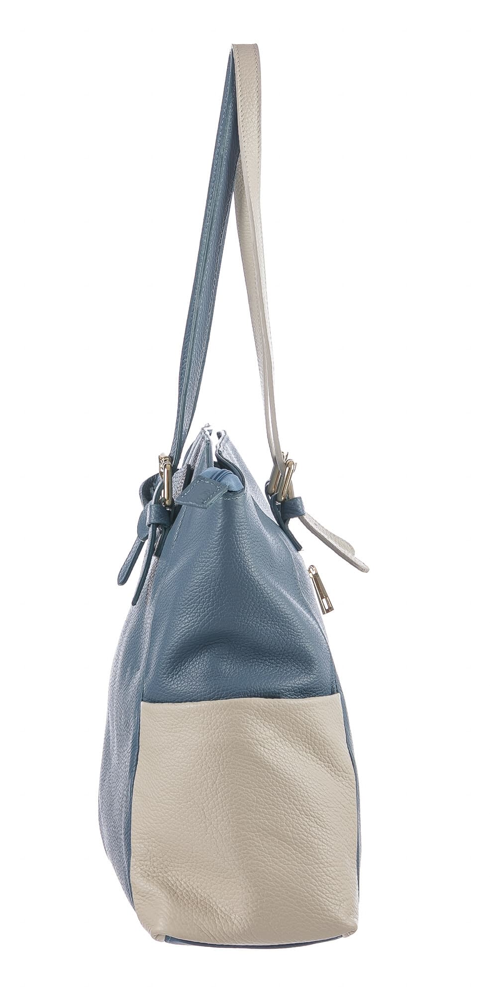 Borsa a spalla da donna in vera pelle CLERY, colore AZZURRO/PANNA, CHIARO SCURO, MADE IN ITALY 