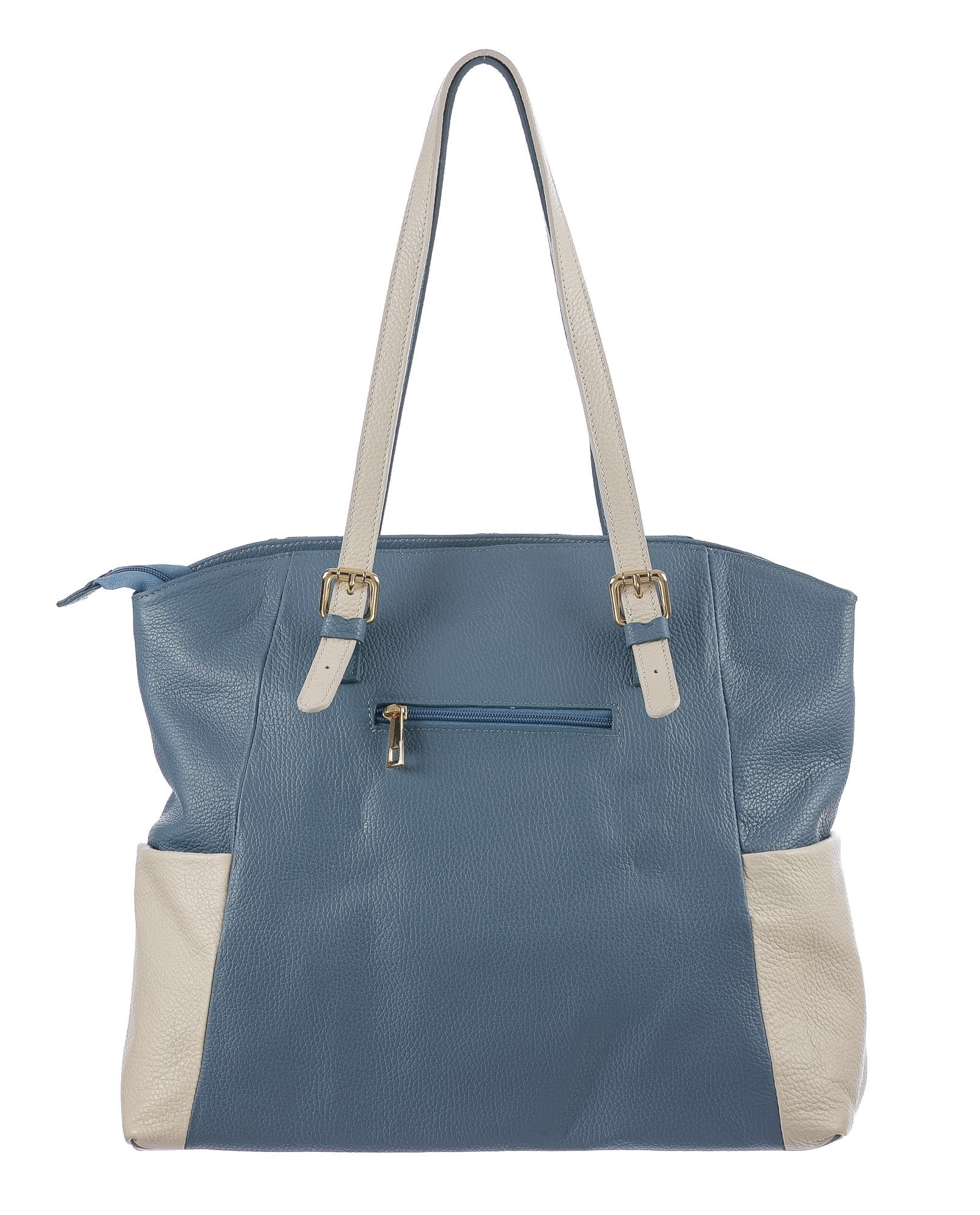Borsa a spalla da donna in vera pelle CLERY, colore AZZURRO/PANNA, CHIARO SCURO, MADE IN ITALY 