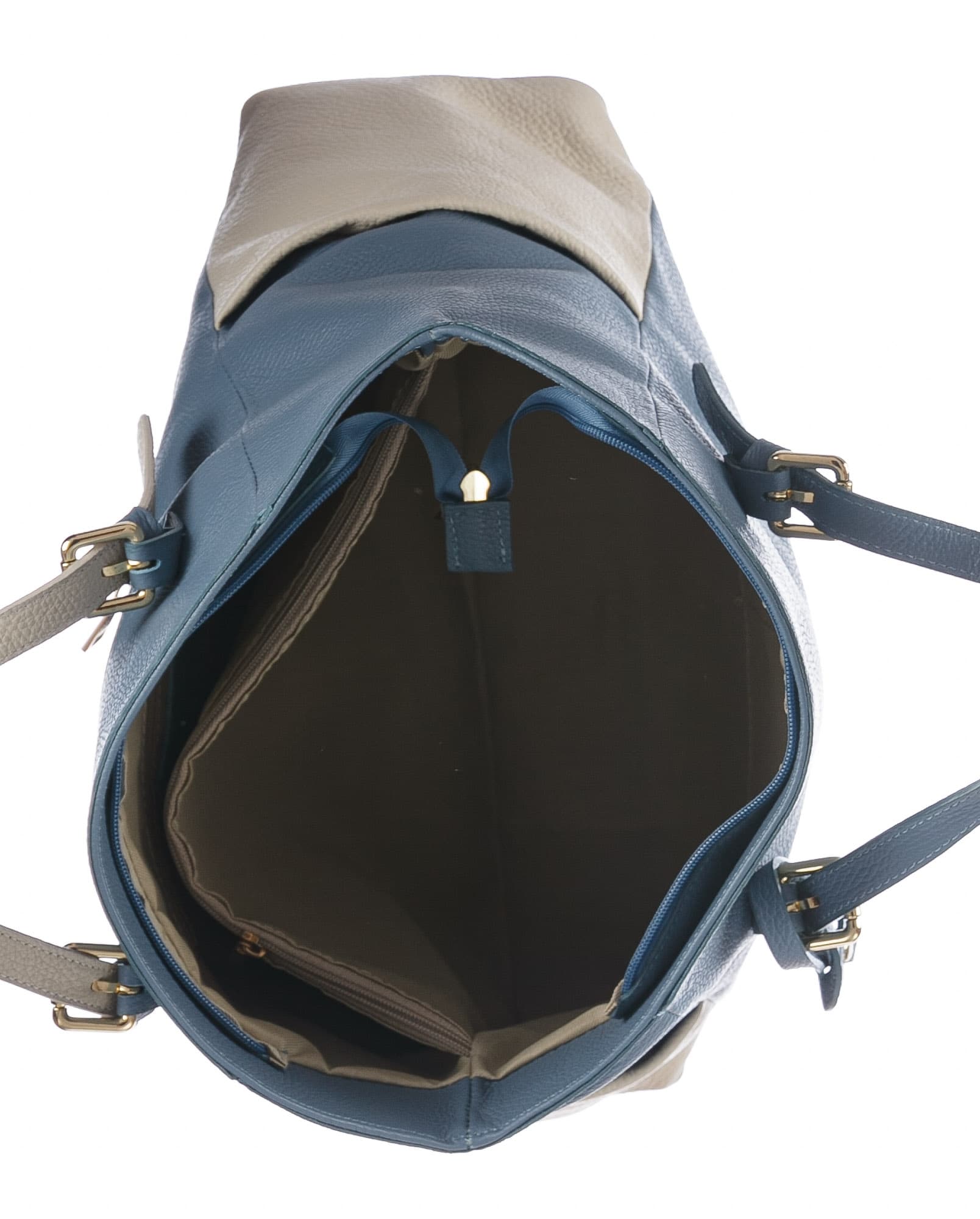 Borsa a spalla da donna in vera pelle CLERY, colore AZZURRO/PANNA, CHIARO SCURO, MADE IN ITALY 